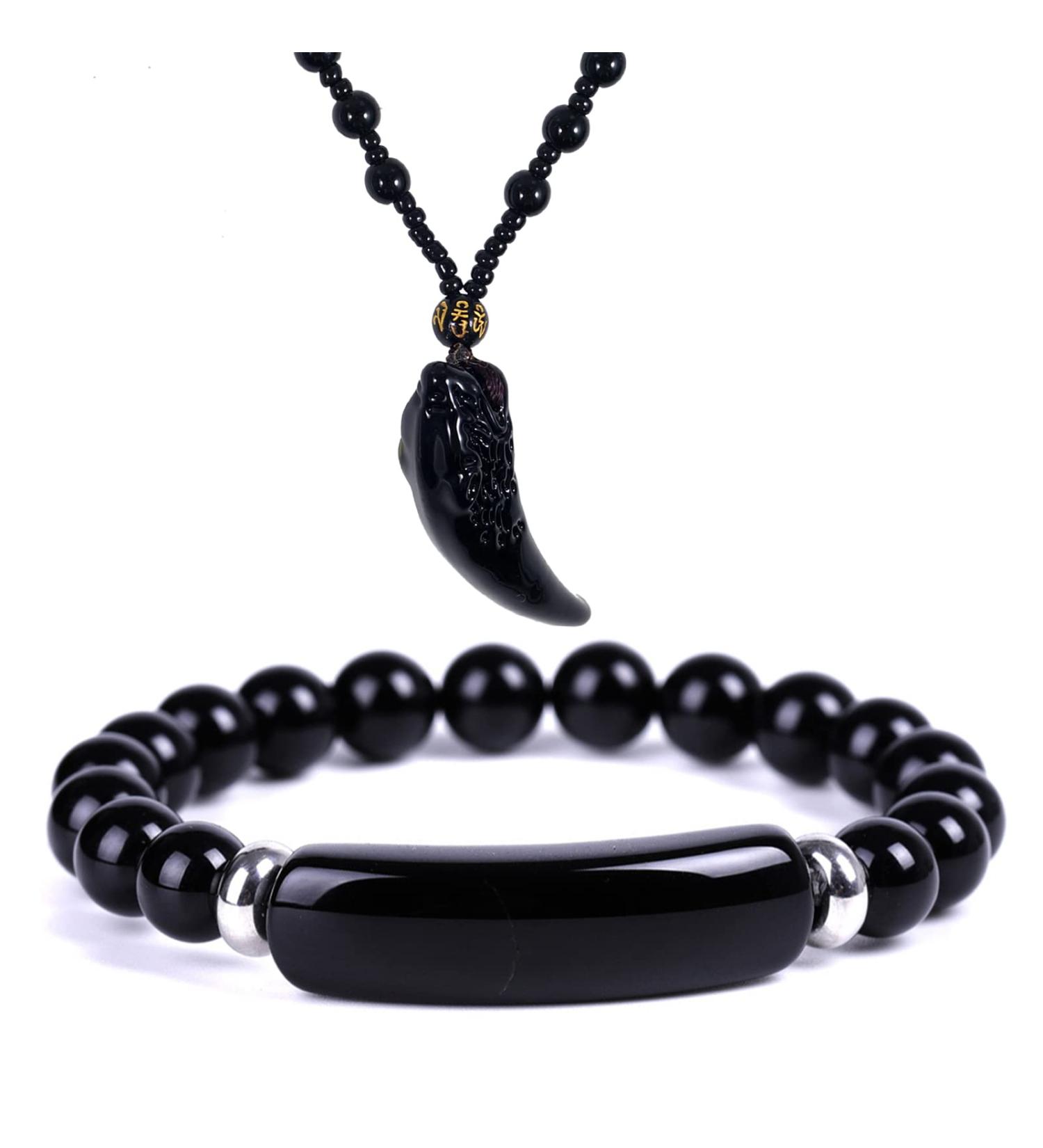Soulful Black Onyx Crystal Bridge Bracelet and Obsidian Wolf Tooth Necklace Set - Buy Online on GoSupps.com