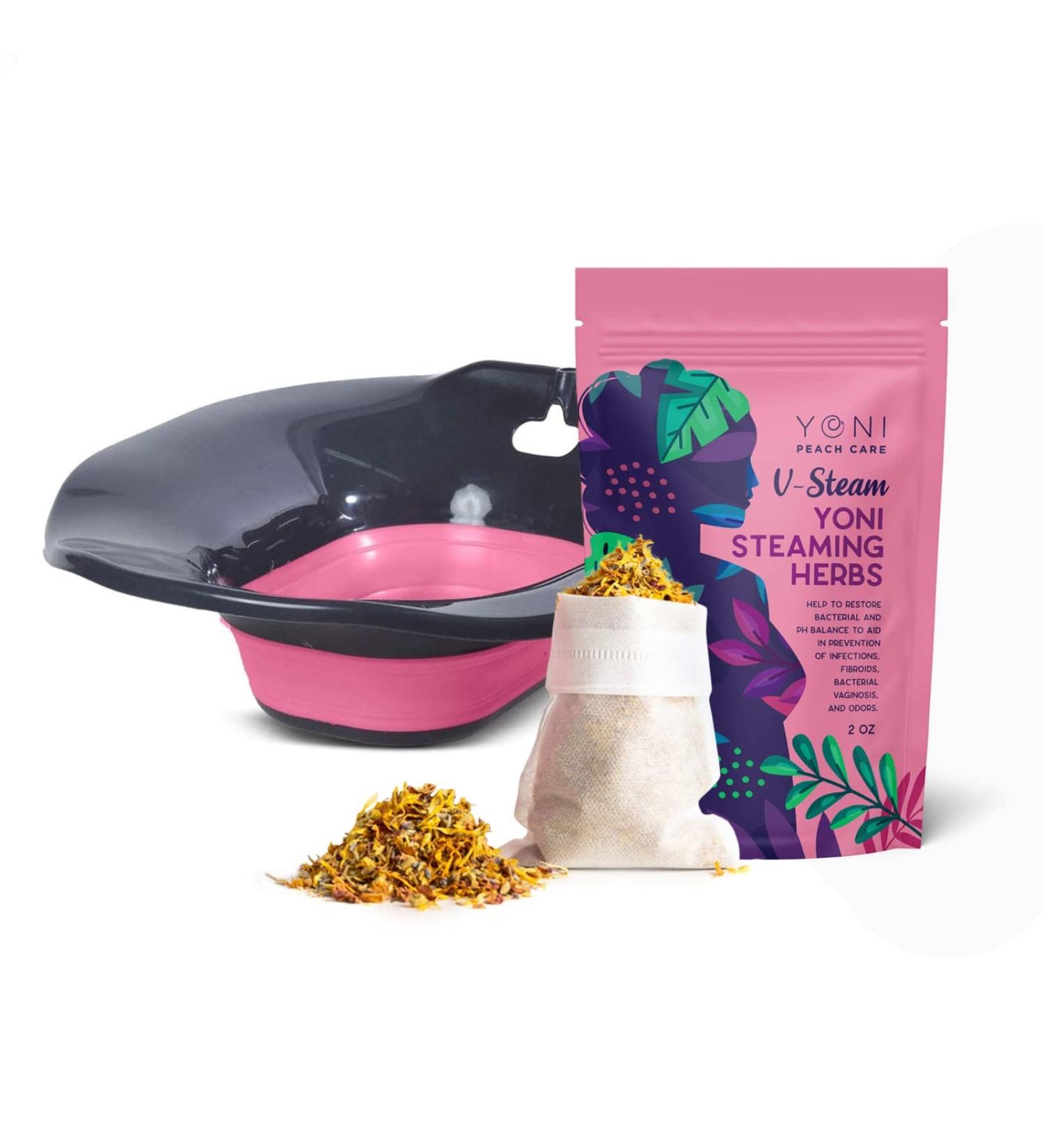 Peach Care Collapsible Sitz Bath Seat & Yoni Steam Herbs - Over Toilet Vaginal Bowl Steamer for Hemorrhoids & Postpartum Care - White Pink & Black - Buy Online on GoSupps.com