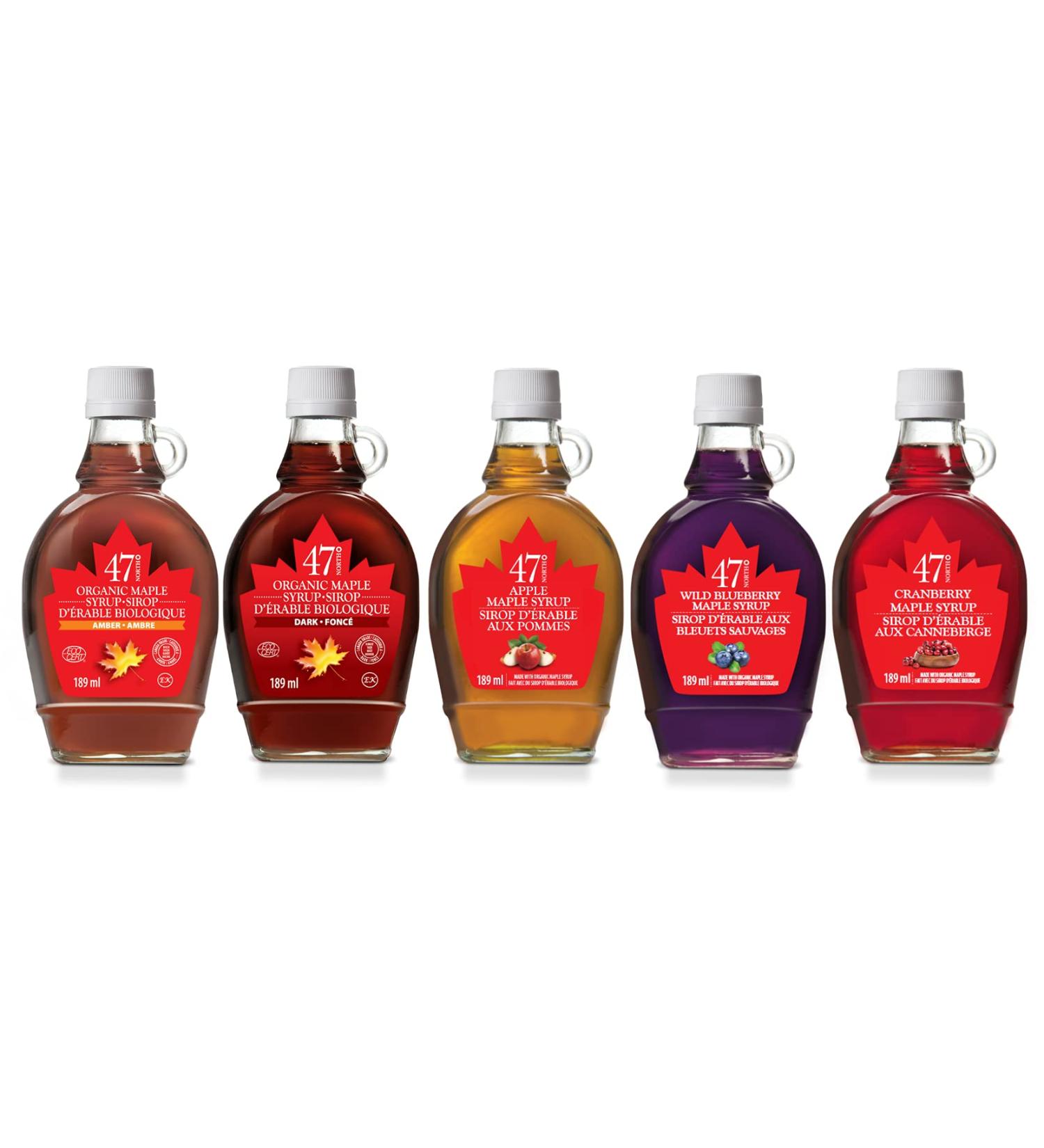 47 North Organic Single Source Pure Maple Syrup & Fruit Blends | Sample Gift Pack 5 x 189ml Bottles | 1 x Amber / 1 x Dark / 1 x Apple / 1 x Blueberry / 1 x Cranberry | Great for Holidays Christmas - Buy Online on GoSupps.com