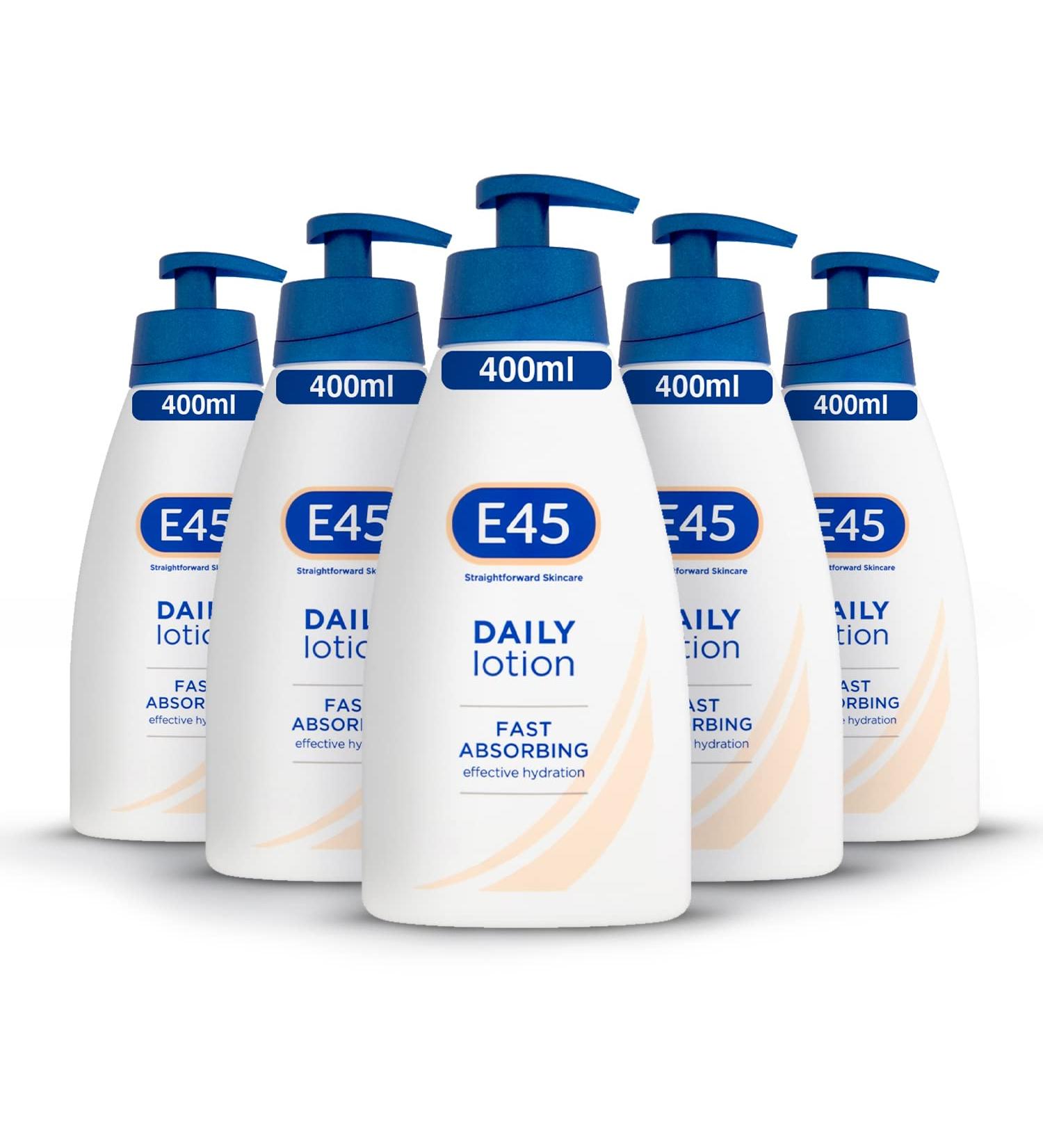 E45 Daily Skin Lotion 400 ml x5 Pack E45 Lotion for Very Dry Skin Sooth Dryness Smooth Rough Skin Non-Greasy Lightweight Moisturiser - Perfume-Free Body Face Hand Cream - Dermatologically Tested 400 ml (Pack of 5) - Buy Online on GoSupps.com