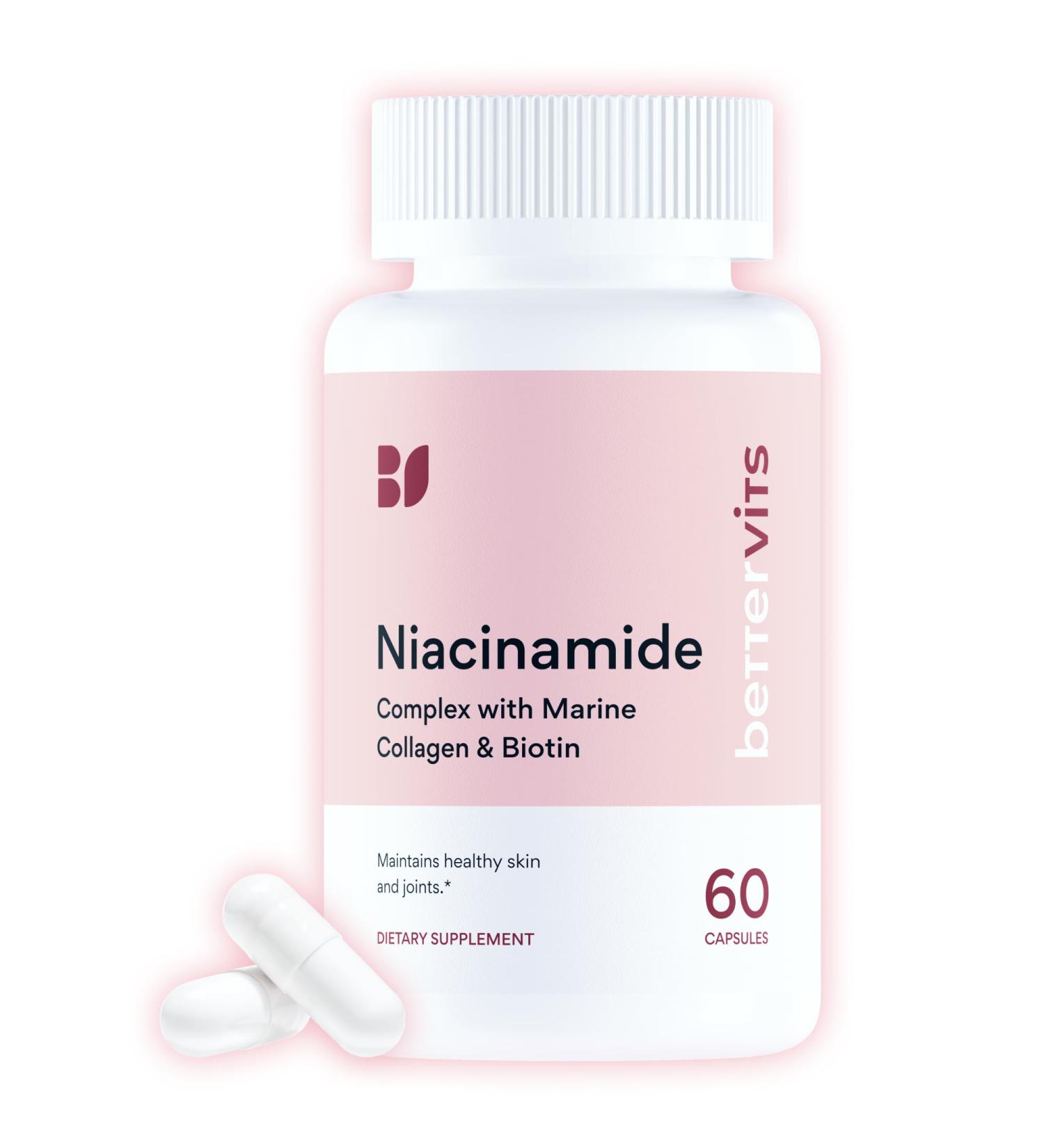 Bettervits Niacinamide Supplement with Vitamin B3 Marine Collagen & Hyaluronic Acid | High-Strength Vitamin B3 Capsules 300 mg. with Turmeric for Energy Metabolism & Skin Support - 60 Capsules - Buy Online on GoSupps.com