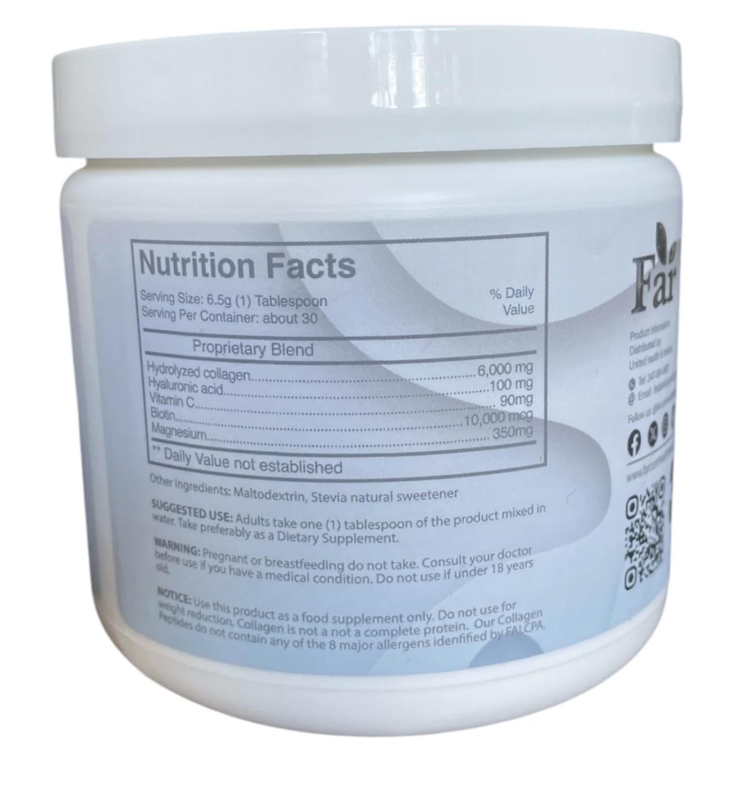 FARCOM Tipos de p ptidos de col geno Multi hidrolizados | cido hialur nico | Biotin |Vitamina C y Magnesio| Mejora la calidad del Cabello piel y Hueso | Sin sabor Blanco