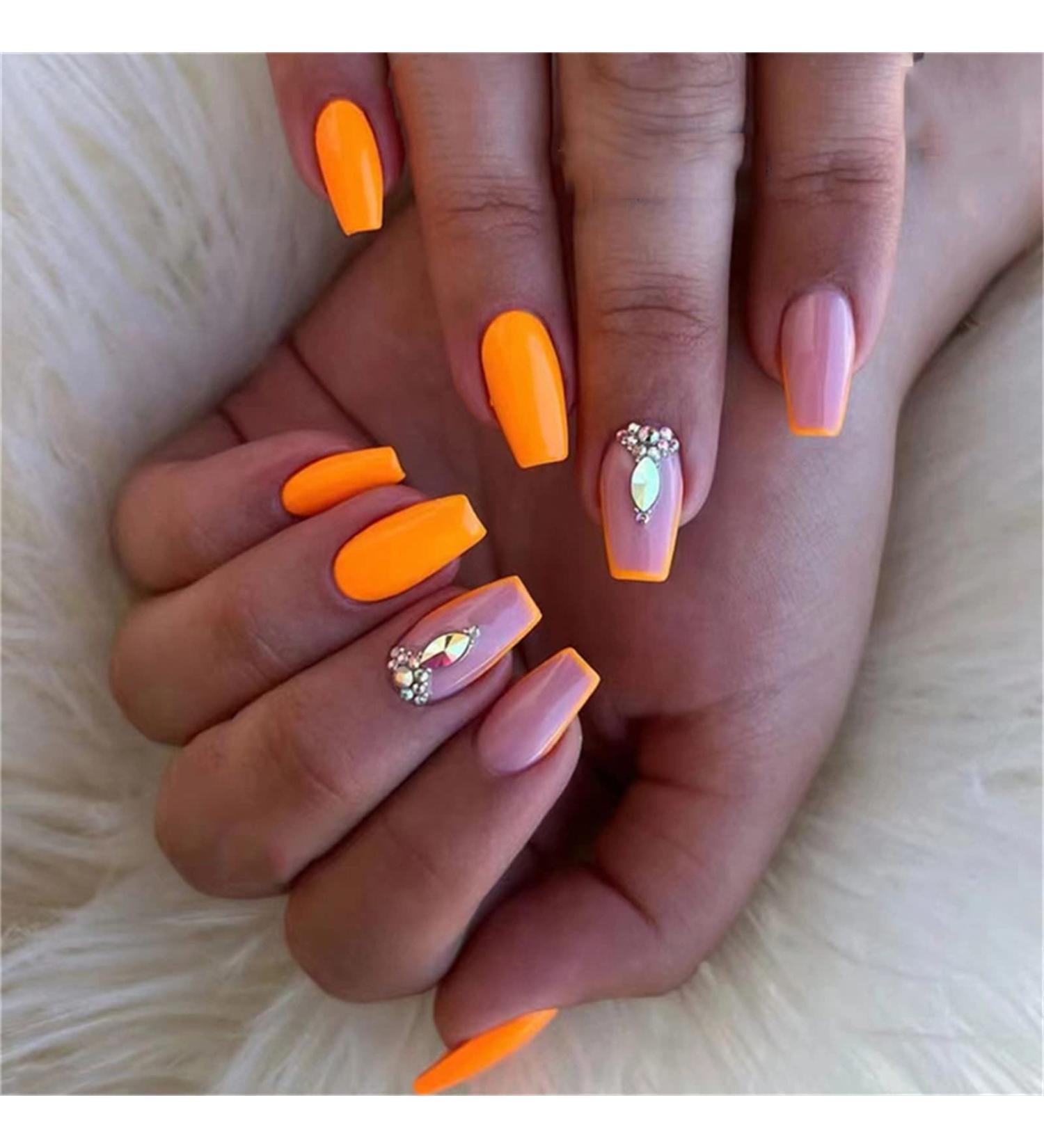 Fake Nails Short Detachable Glue Included Full Cover Orange with Diamond French Press on Nails 24 Pieces Nail Art Tips for Nail Salons and Women DIY Nail Art - Buy Online on GoSupps.com
