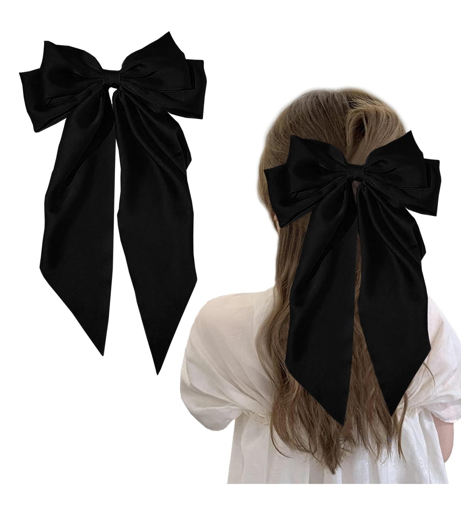 Black Hair Bow Big Hair Bows for Women Solid Color Bow Hair Clips with Long Ribbon French Black Bow Hair Clip Soft Satin Silky Hair Bows Cute Gifts for Women Girls (Black) - Buy Online on GoSupps.com