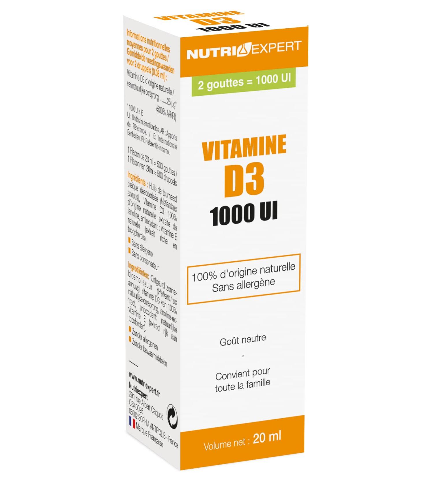 NUTRIEXPERT - NATURAL VITAMIN D3 1000 IU - 100% natural origin - Contributes to the absorption of calcium and phosphorus - Supports immunity - Allergen free - 20ml bottle