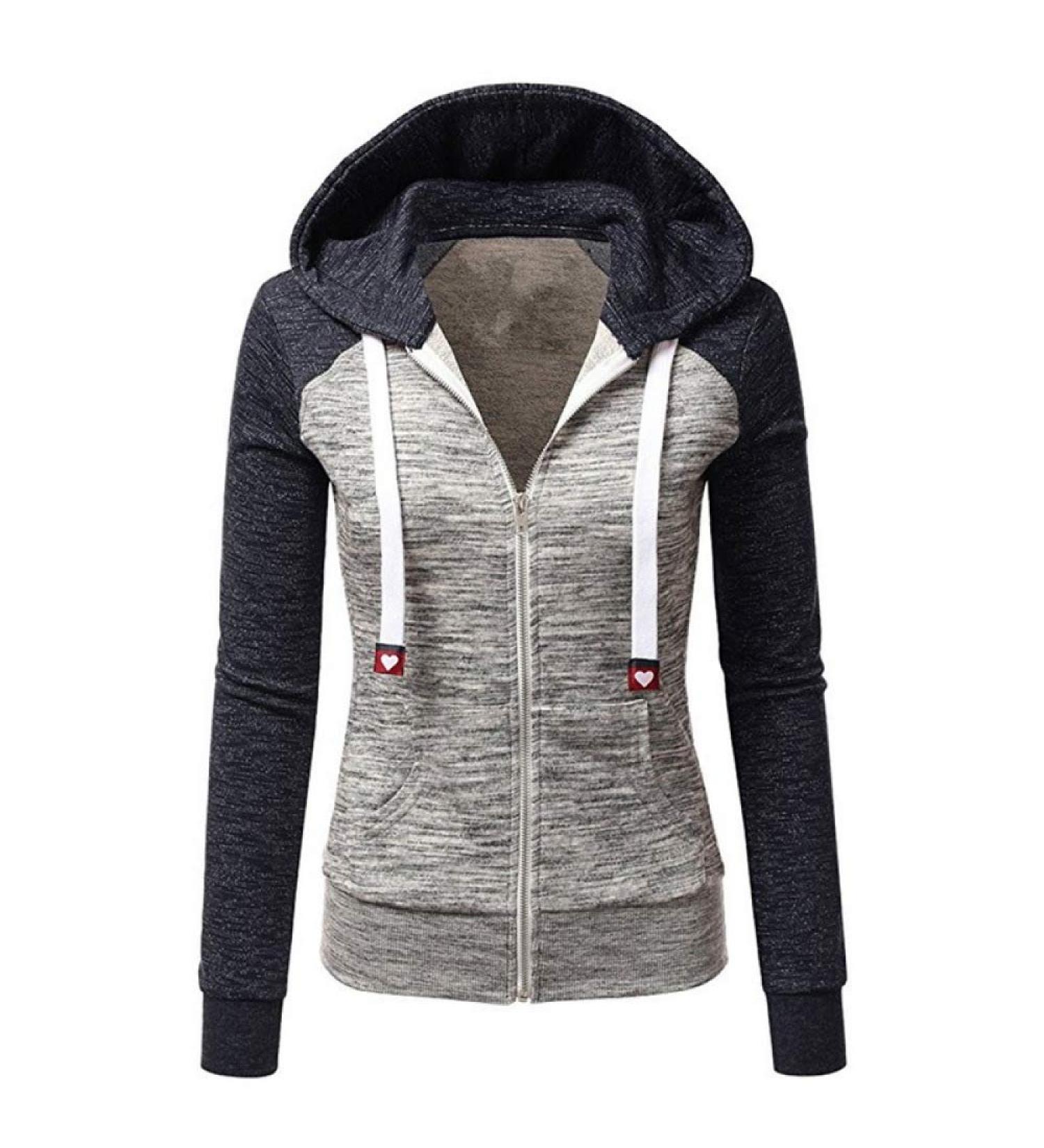 Bigfanshu Womens Sweatshirts Hoodie Long Sleeve Hoody Lady Zipper Pockets Patchwork Sweatshirt Woman Sports Jacket Black