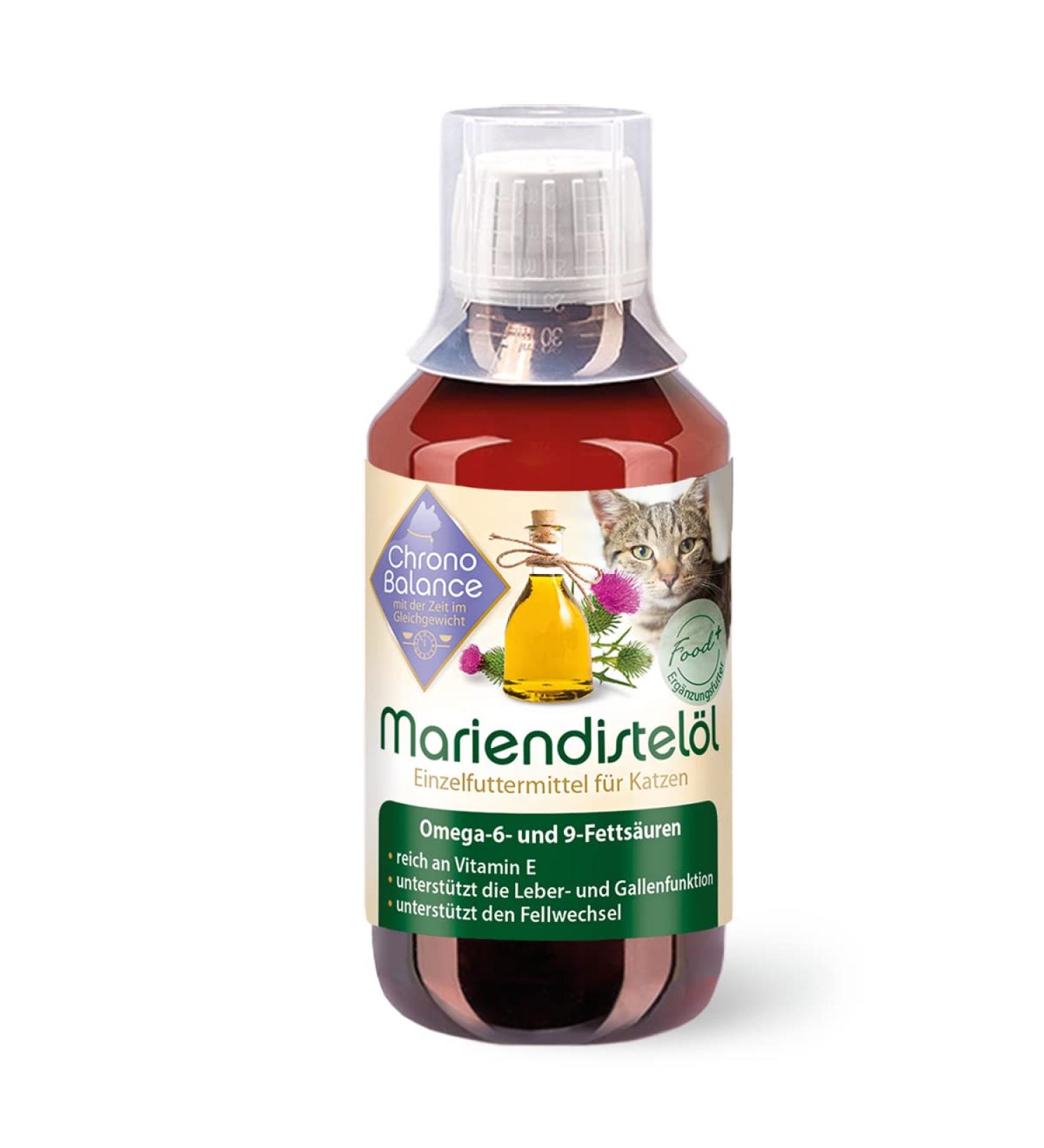 Shop Chronobalance 250ml Milk Thistle Oil for Cats | Natural Nutritional Supplement for Fur & Skin Health | Rich in Vitamin E Omega-6 & Omega-9 | Dosing Cups Included - Buy Online on GoSupps.com