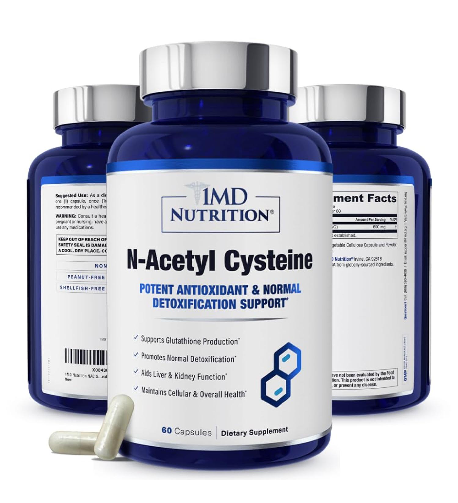 1MD Nutrition NAC Supplement 600 mg - Antioxidant & Detox Support - N-Acetyl Cysteine for Lung Health - 60 Capsules - International Shipping Available - Buy Online on GoSupps.com