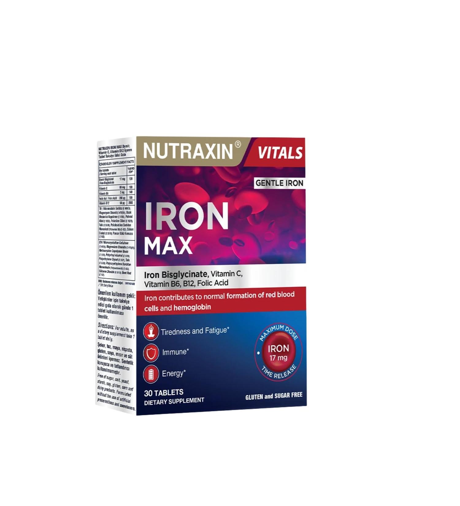 Nutraxin Iron Max 17mg 30 Tablets with Iron Vitamin C B6 B12 and Folic Acid - Buy Online on GoSupps.com
