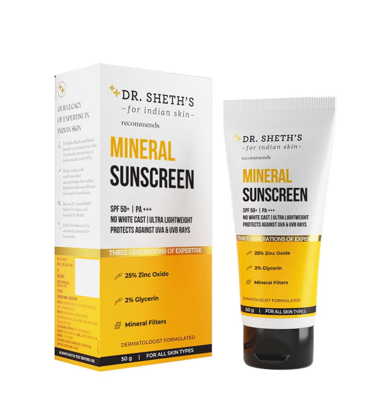 Dr. Sheth's Mineral Sunscreen SPF 50 PA+++ | Water Proof Sunscreen | Quick-absorbing | Ultra Lightweight & Non-sticky | 25% Zinc Oxide | for All Skin Types | for Women & Men | 50g - Buy Online on GoSupps.com