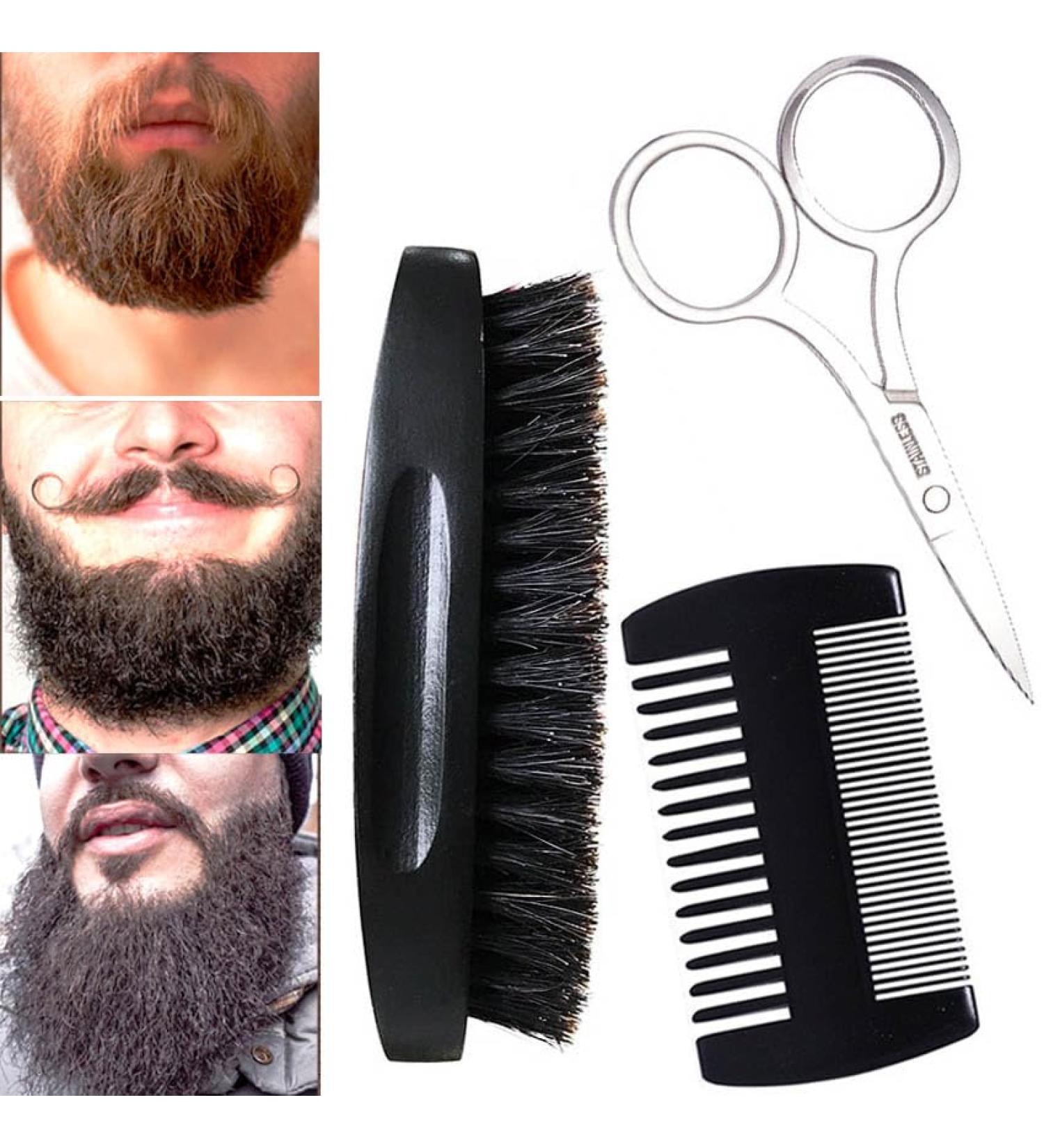 Beard Brush for Men & Beard Comb Set Scissors Grooming Kit Natural Boar Bristles with Black Walnut Wood Dual Action Wood Comb for Grooming Beards and Mustaches for Christmas Gift (Black) - Buy Online on GoSupps.com