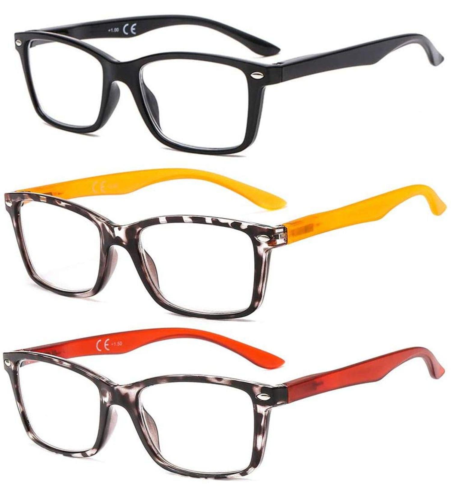 Suertree Feather Hinge Reading Glasses (3 Pack) - 2.5x Dioptria - Stylish Visual Aid for Men & Women - Black Yellow & Red - Buy Online on GoSupps.com