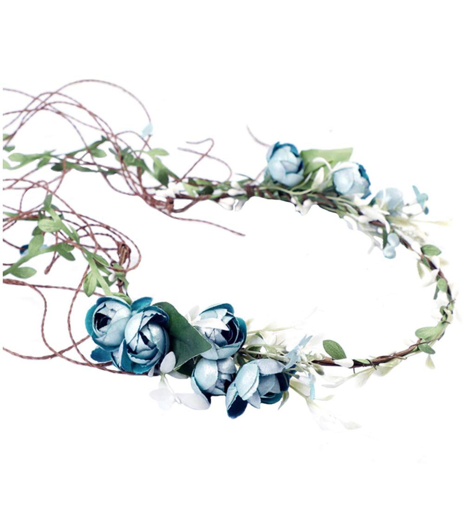 Blue Rose Flower Headband for Women - Bridal Hair Hoop with Floral Leaf Crown and Berry Vine Wreath - Handmade Boho Hairband for Wedding, Party, Cosplay - Buy Online on GoSupps.com