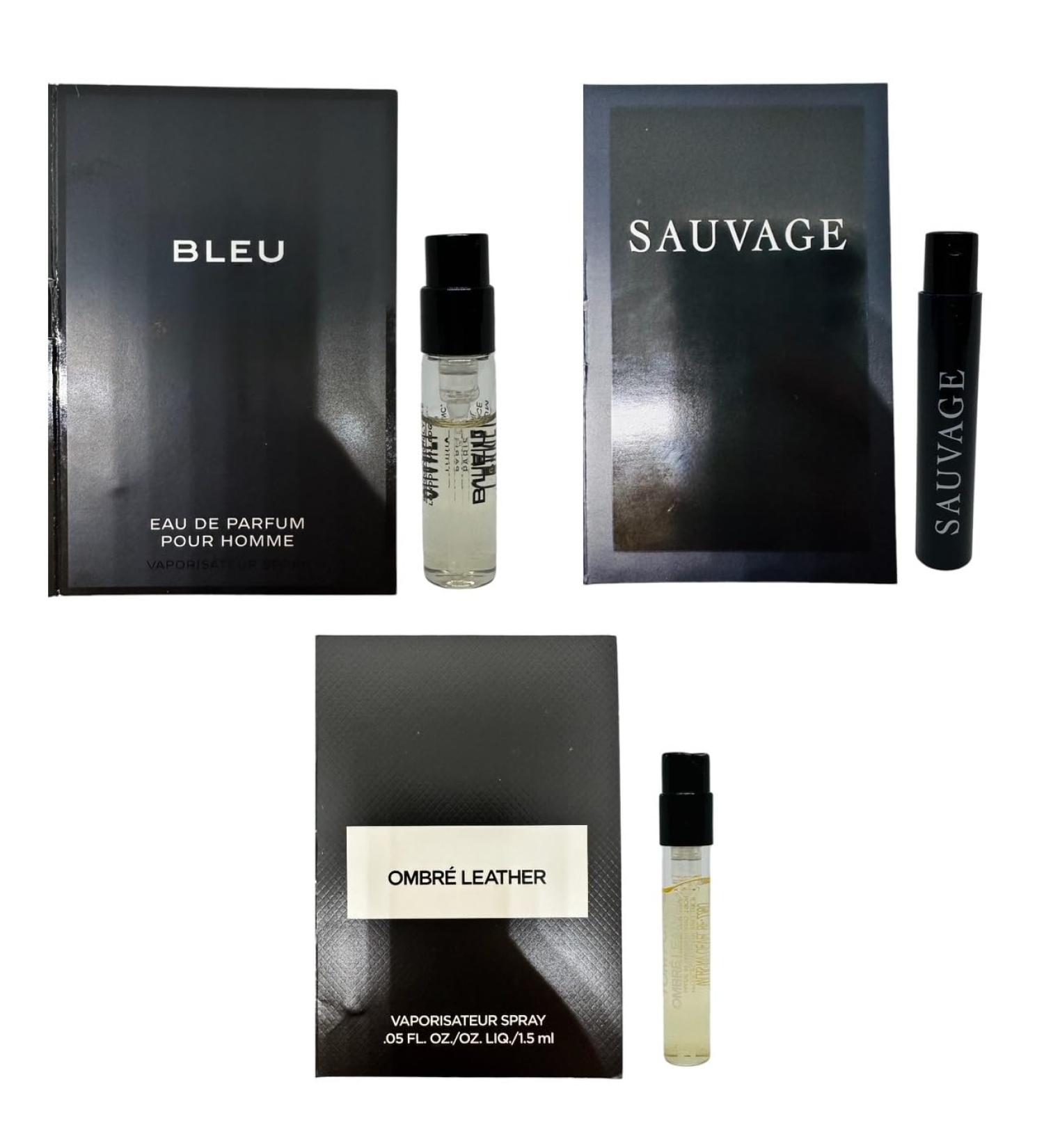 Set 3 Cologne Luxury Travel Size for Men Sample Spray Vial. Sauvage/Bleu/Ombre Leather