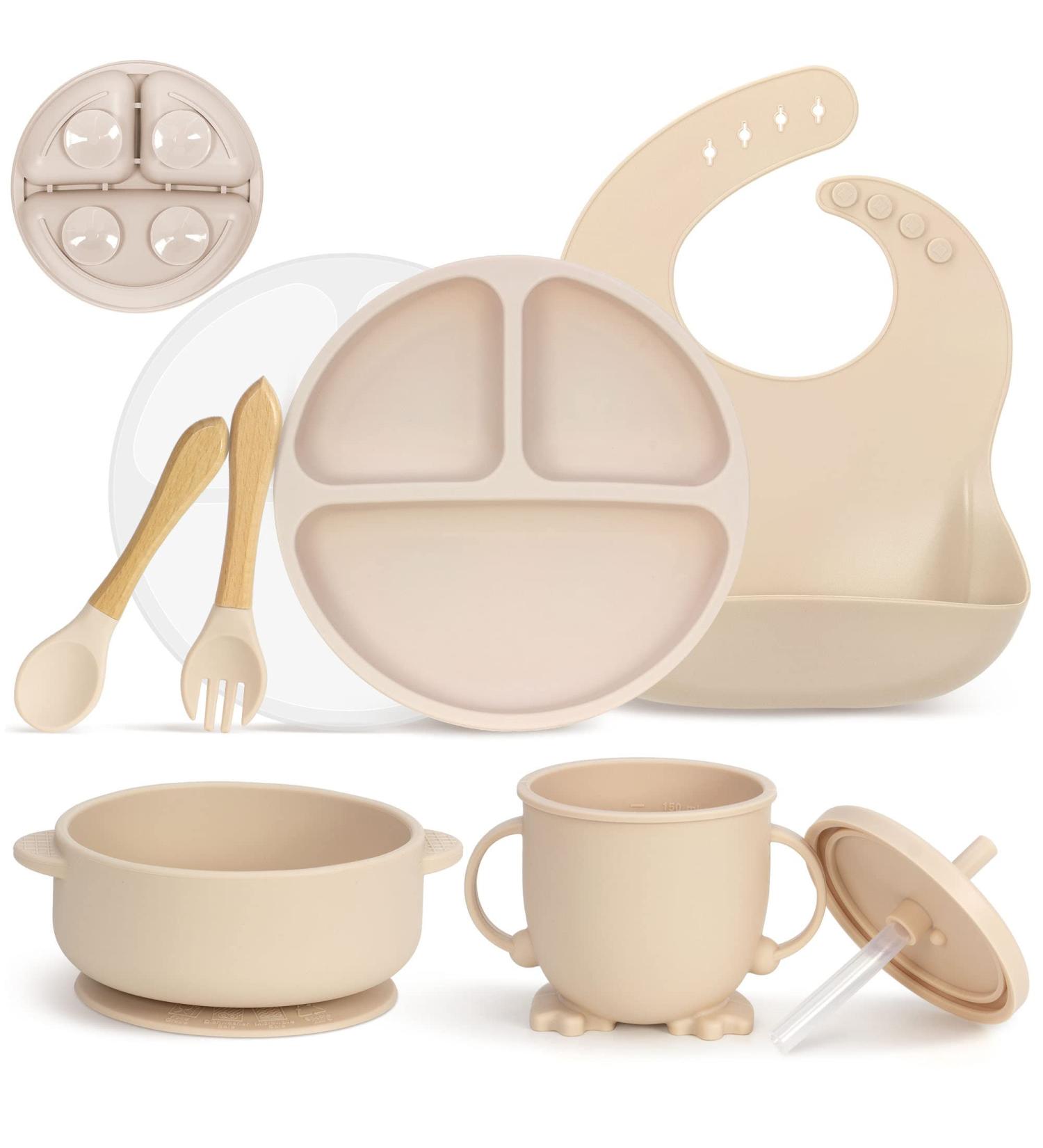 MOJINL Silicone Baby Tableware Set - 7 Piece Non-Slip BPA Free Set with Suction Cups Learning Cutlery Bowl Bib & Plate - Ideal for Toddlers - Beige - Buy Online on GoSupps.com