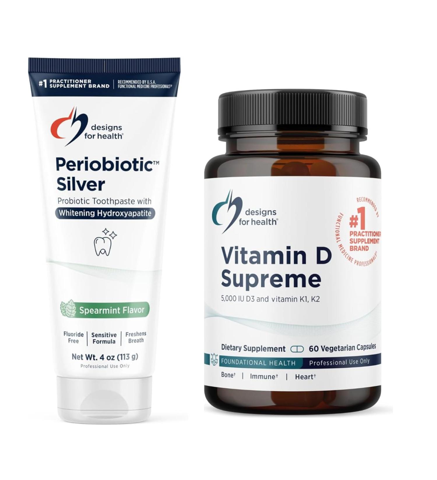 Designs for Health Hydroxyapatite Periobiotic Silver Toothpaste + Vitamin D Supreme Bundle - Fluoride Free with Oral Probiotics for Gum Health + D3 5000 IU w/Vitamin K for Bone Heart Immune Support - Buy Online on GoSupps.com