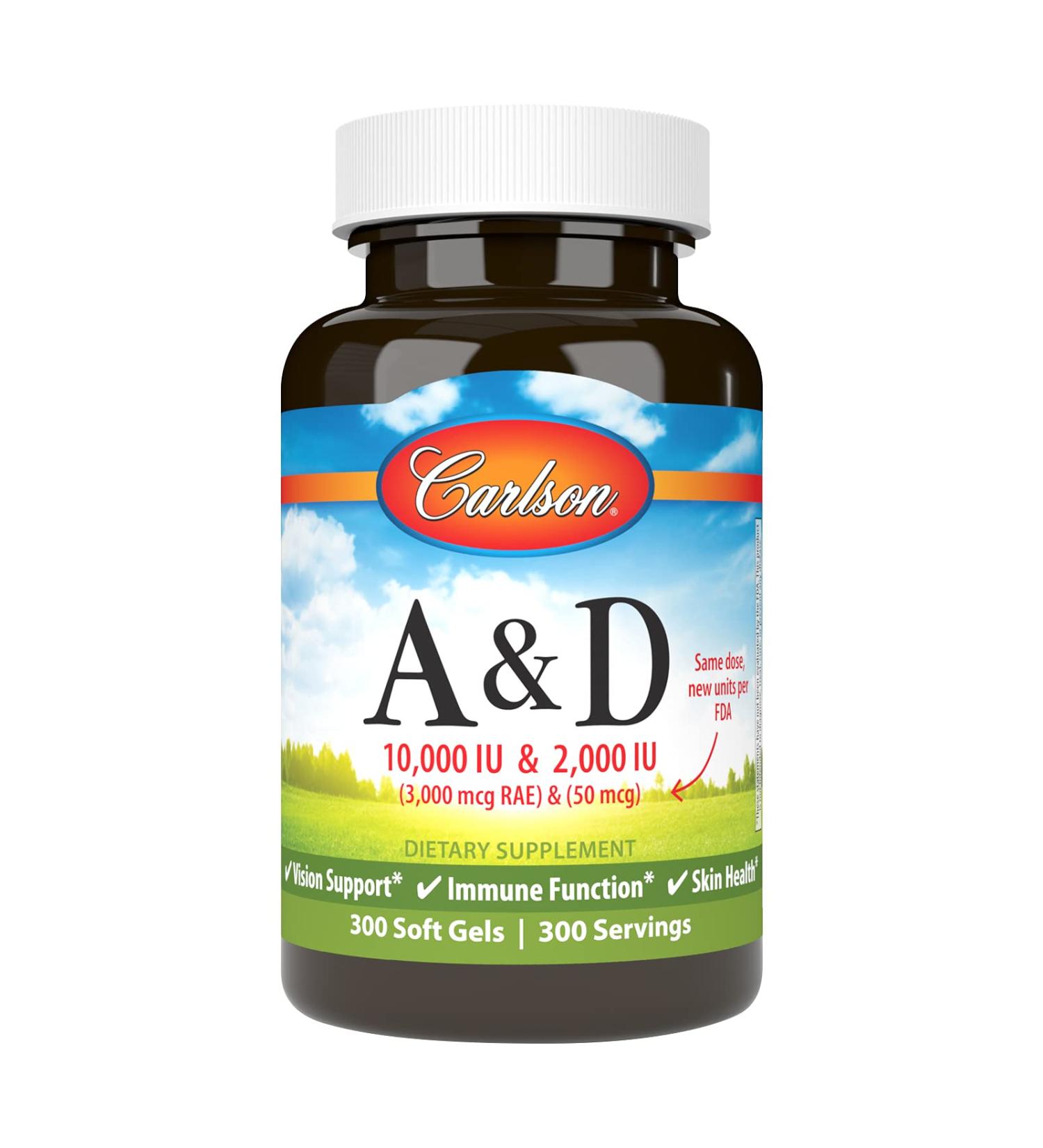 Carlson - A & D 10000 IU (3000 mcg RAE) Vitamin A 2000 IU (50 mcg) Vitamin D Vision Support Skin Health 300 Softgels 300 Count (Pack of 1) - Buy Online on GoSupps.com