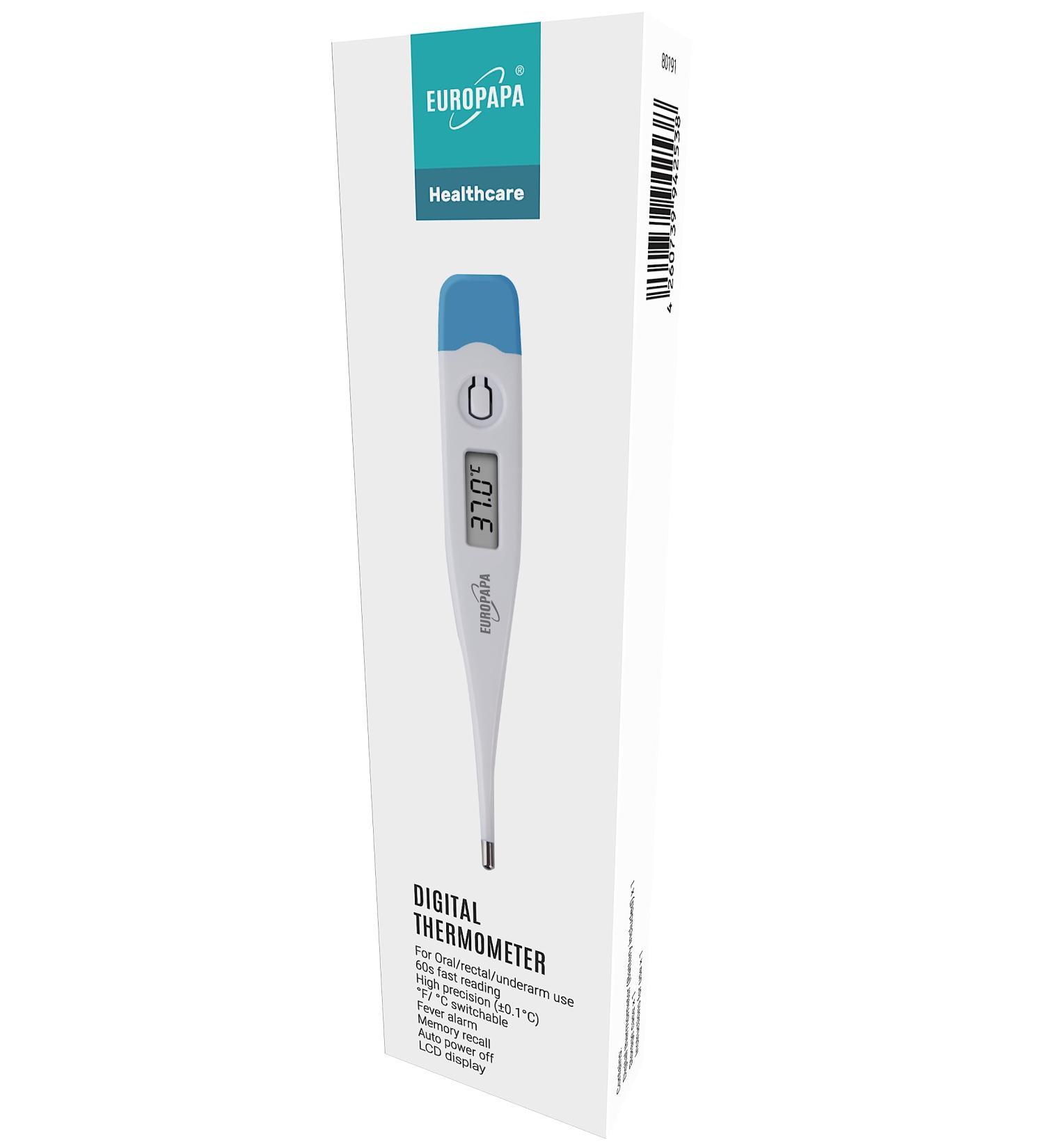 EUROPAPA Digital Fever Thermometer for Babies, Children, and Adults - Oral, Axillary, or Rectal Waterproof with Fever Alarm (Light Blue) - Buy Online on GoSupps.com