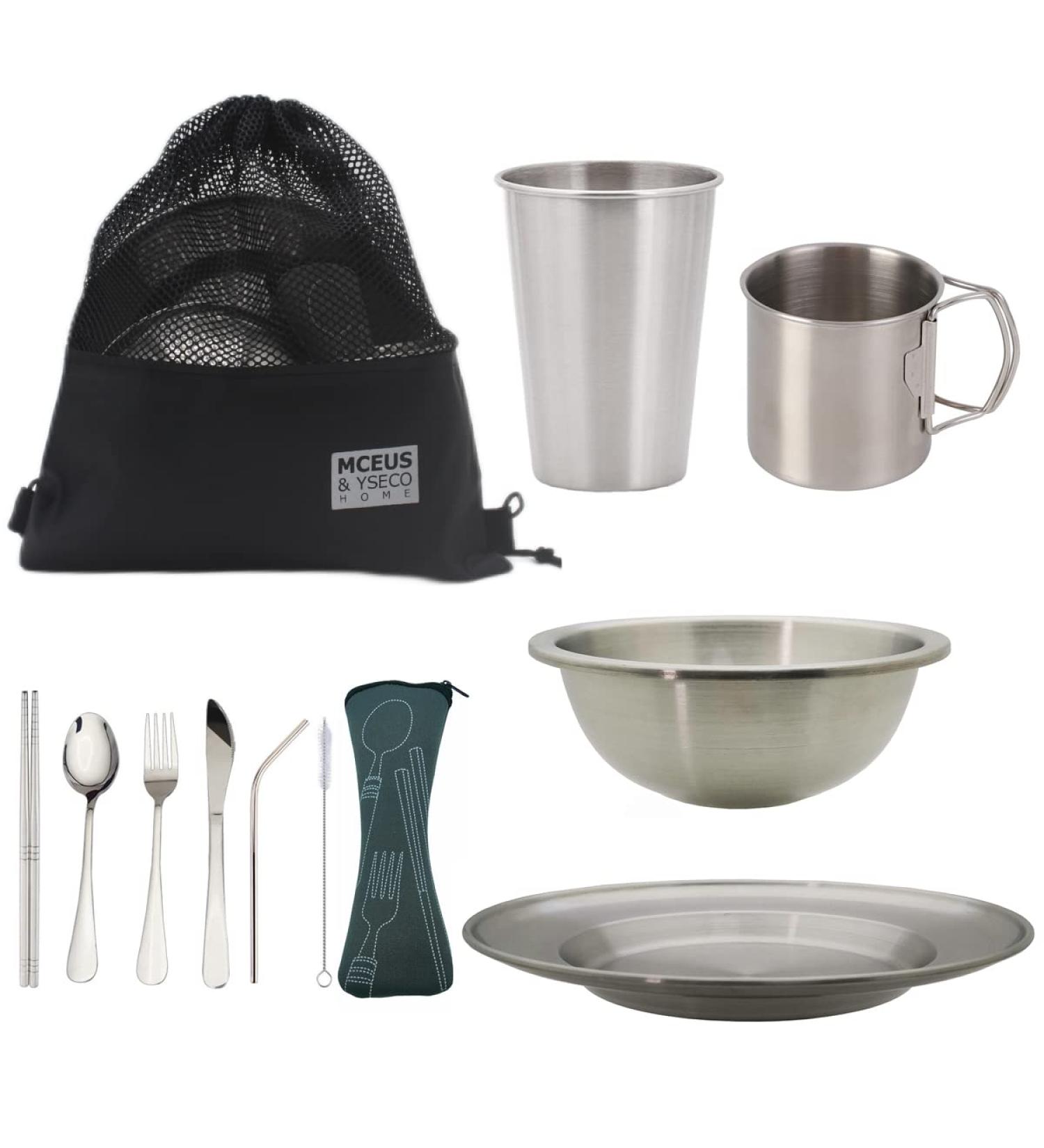 Compact Camping Mess Kit | Stainless Steel Dish Set for 1 Person | Reusable Plates, Cups, Bowls | Ideal for Backpacking & Hiking | Includes Mesh Bag - Buy Online on GoSupps.com