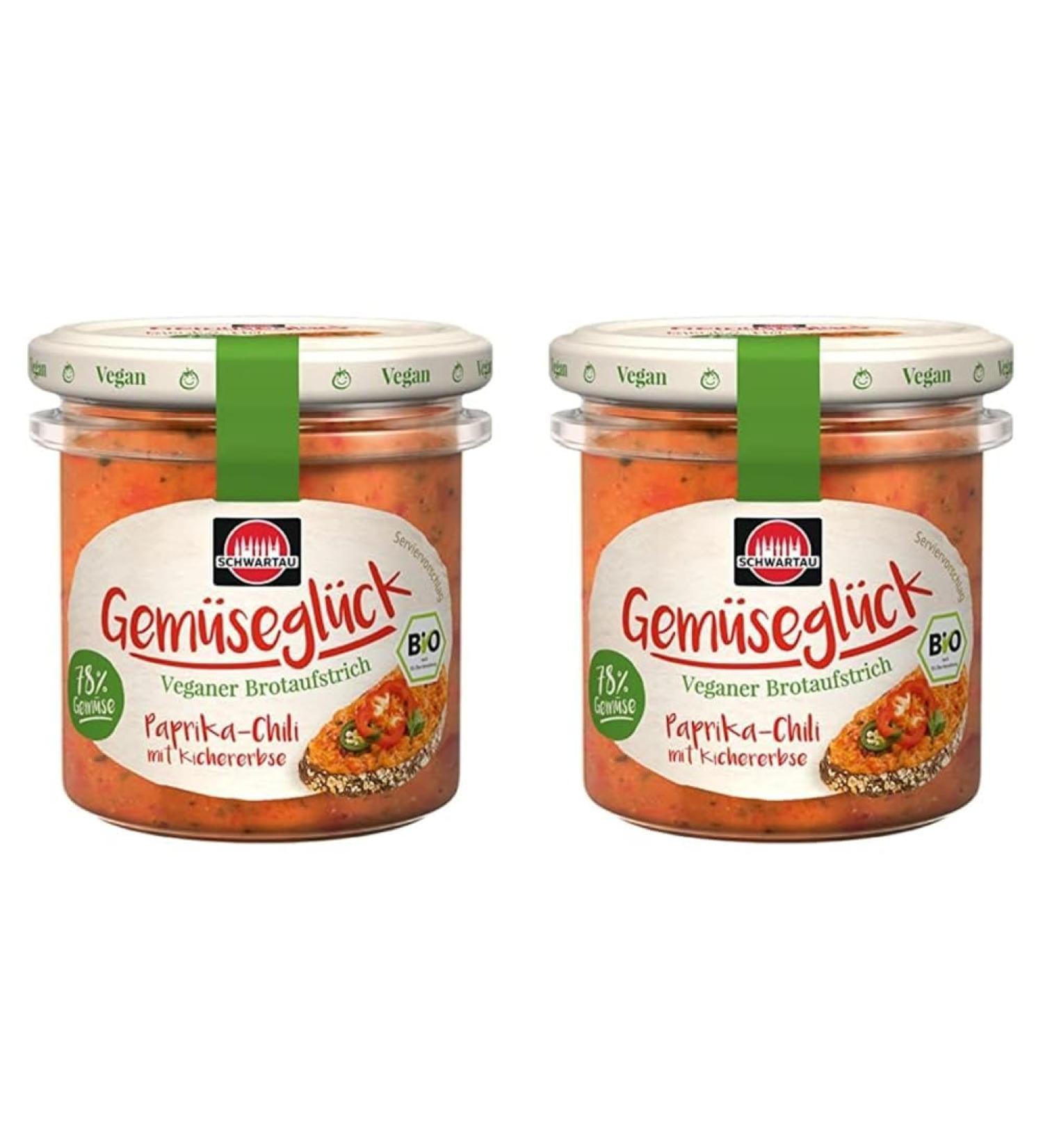 Schwartau Vegetable Happiness Paprika-Chili & Chickpea Vegan Spread 2-Pack | Organic 135g | Healthy Vegan Snack - Buy Online on GoSupps.com