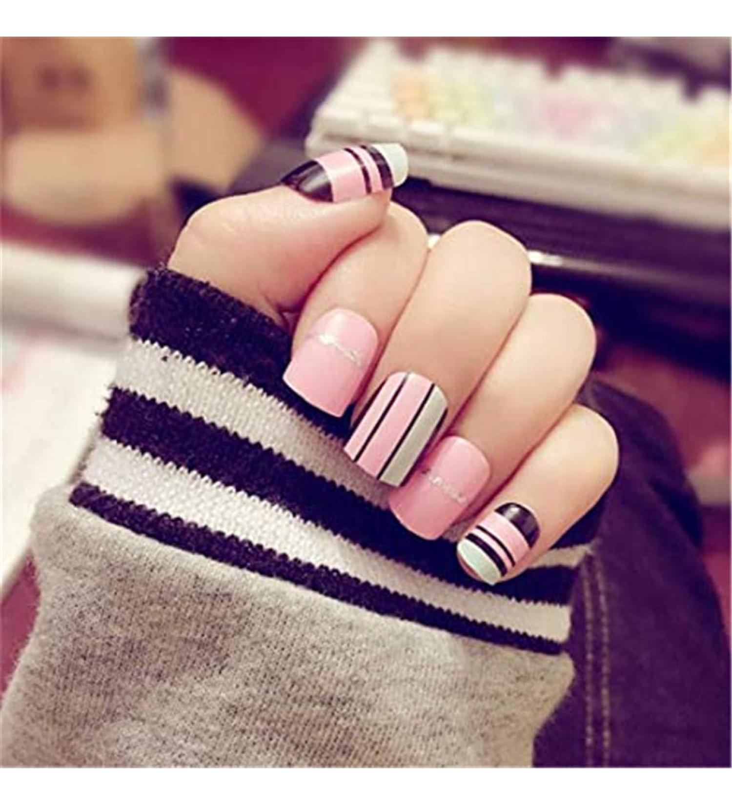 Elieeny 24Pcs/Set Pink Black Cute Fake Nails Full Cover Short Nail Tips Press on Nails with Adhesive for Women and Girls - Buy Online on GoSupps.com