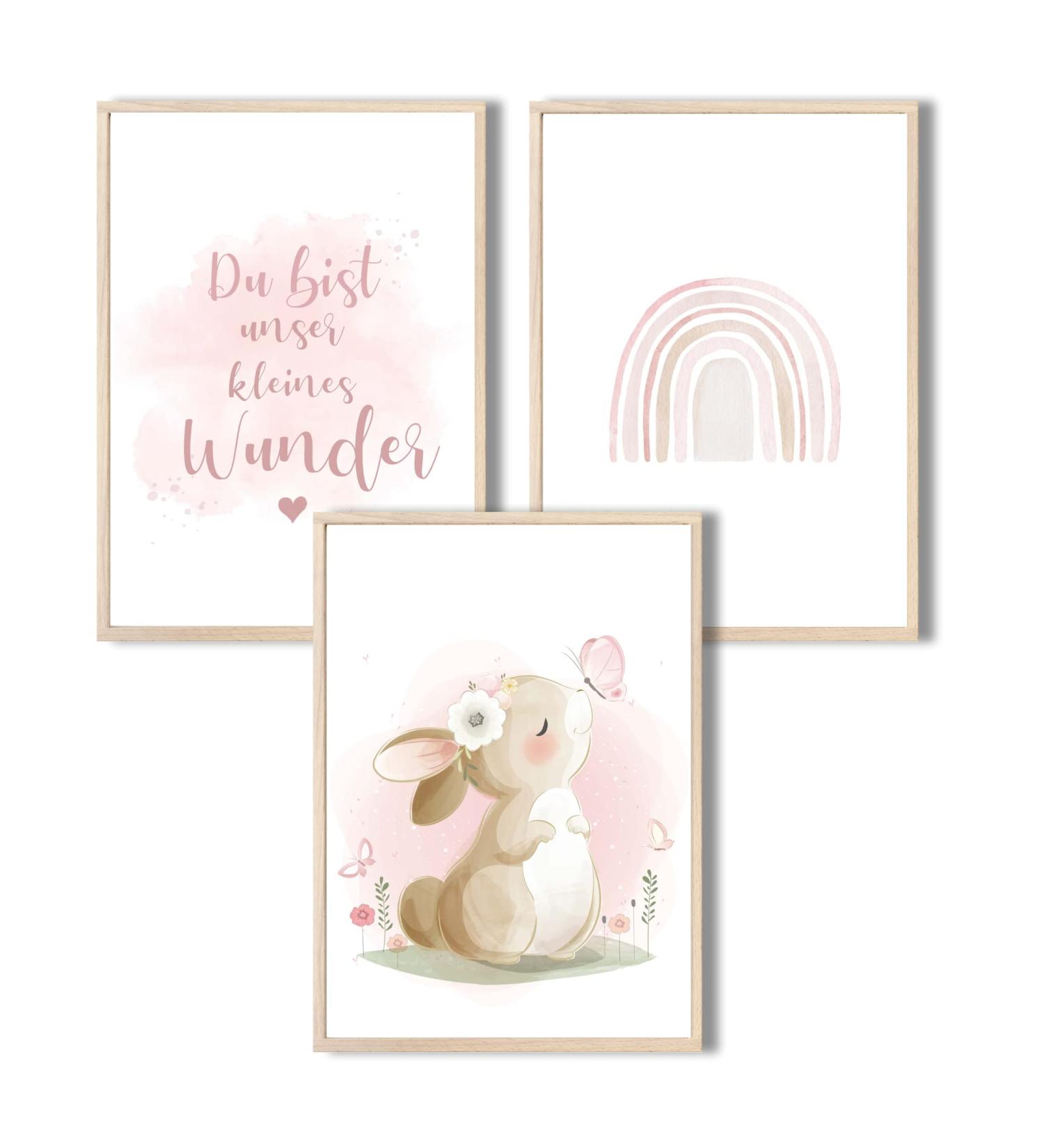 Meinbaby123 A4 Poster Set for Children's Room | Rainbow Murals & Sayings | Premium Wall Decor for Baby & Girls | 3 Decorative Posters (Hase) - Buy Online on GoSupps.com