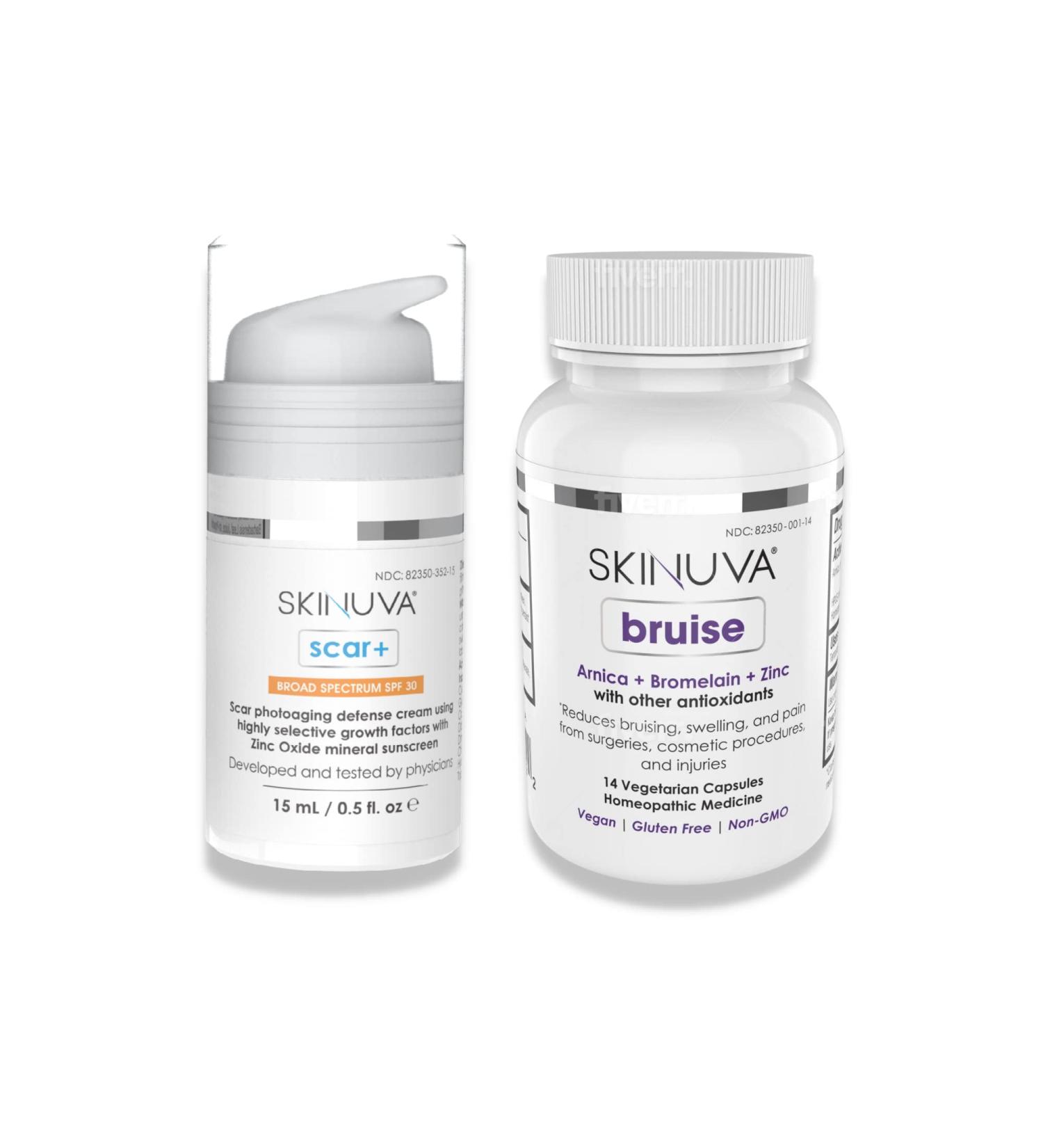 Skinuva Scar+ SPF 30 Cream and Bruise Treatment | Next Generation Advanced Formula with Growth Factors | 0.5 oz Cream + 14 Capsules - Buy Online on GoSupps.com