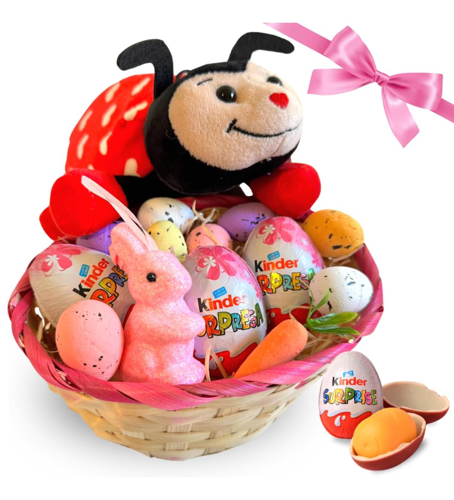 NARAMAKI Easter Gift Ideas 2024 - Wicker Basket + 3x20gr Female Surprise Kinder Eggs + Ladybug + Mini Eggs and Polystyrene Rabbit Easter Decorations - Buy Online on GoSupps.com