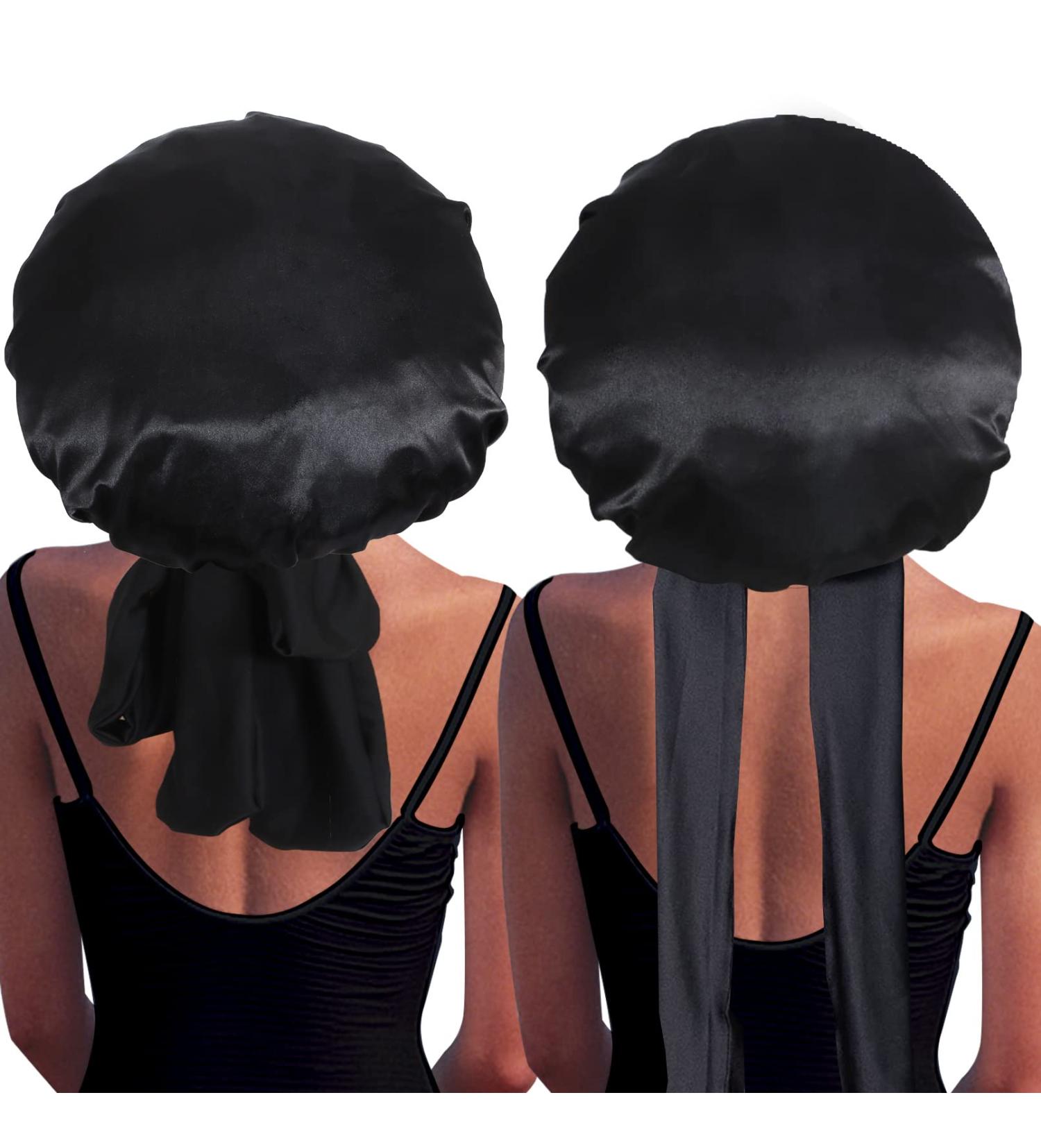 2 Pcs Satin Bonnets for Black Women - Adjustable XL Silk Bonnet for Sleeping - Jumbo Sleep Bonnet for Curly Hair - Black - Buy Online on GoSupps.com