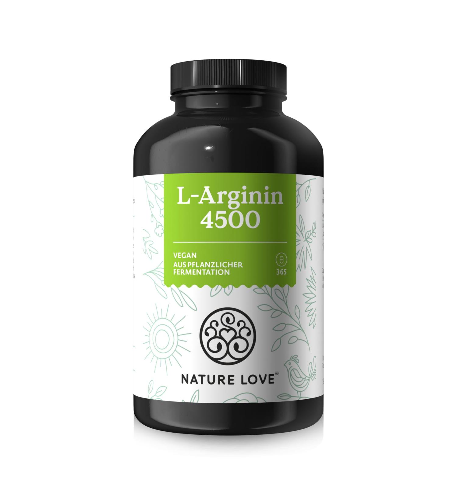 Nature Love L-Arginine 4500mg - 365 Vegan Capsules | High-Dose Corn Fermentation Lab Tested - Made in Germany - Buy Online on GoSupps.com