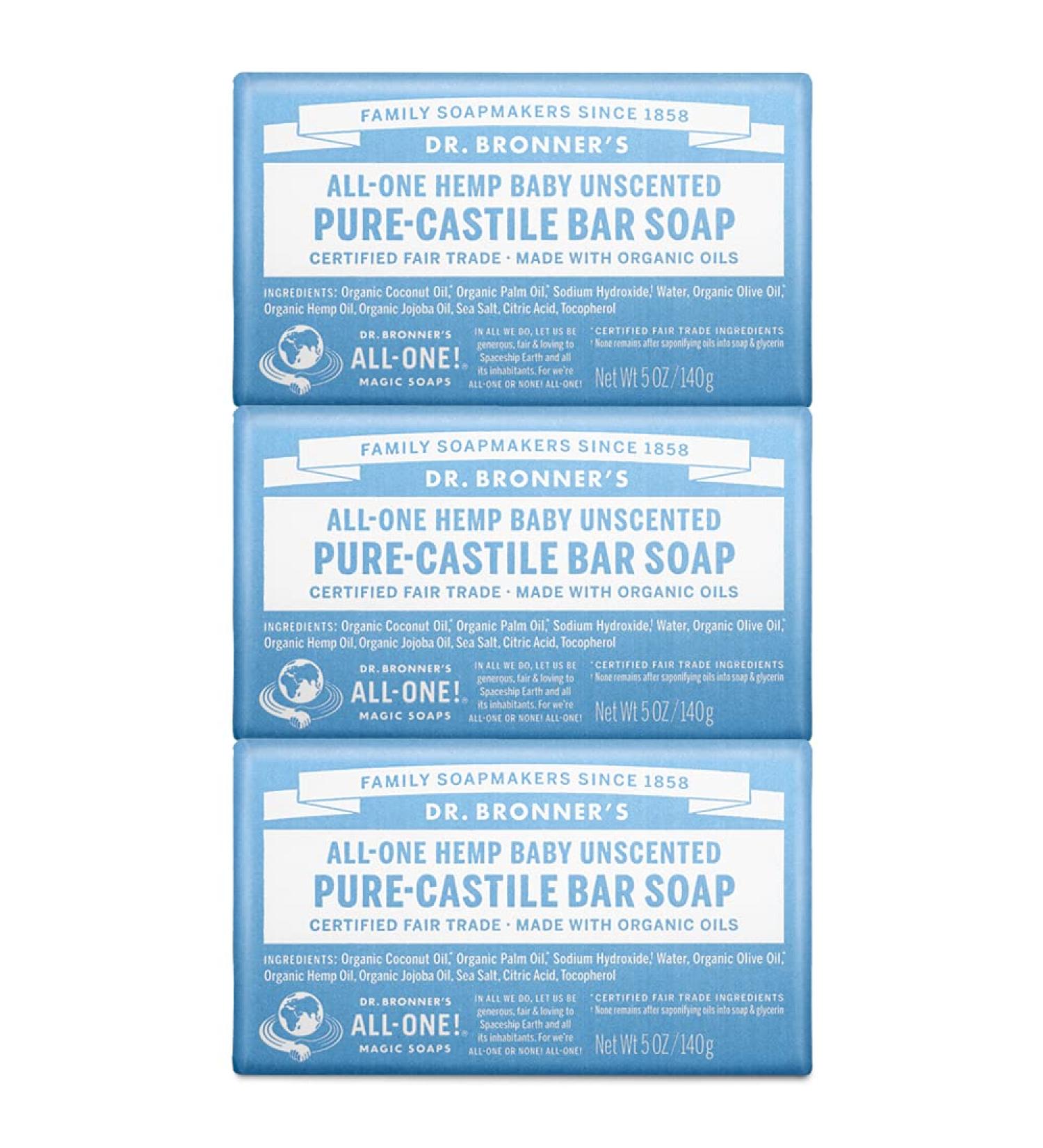 Dr. Bronner's Baby Unscented Castile Bar Soap 5oz 3-Pack - Organic & Gentle for Face, Body, Hair - Fragrance-Free & Vegan - Buy Online on GoSupps.com