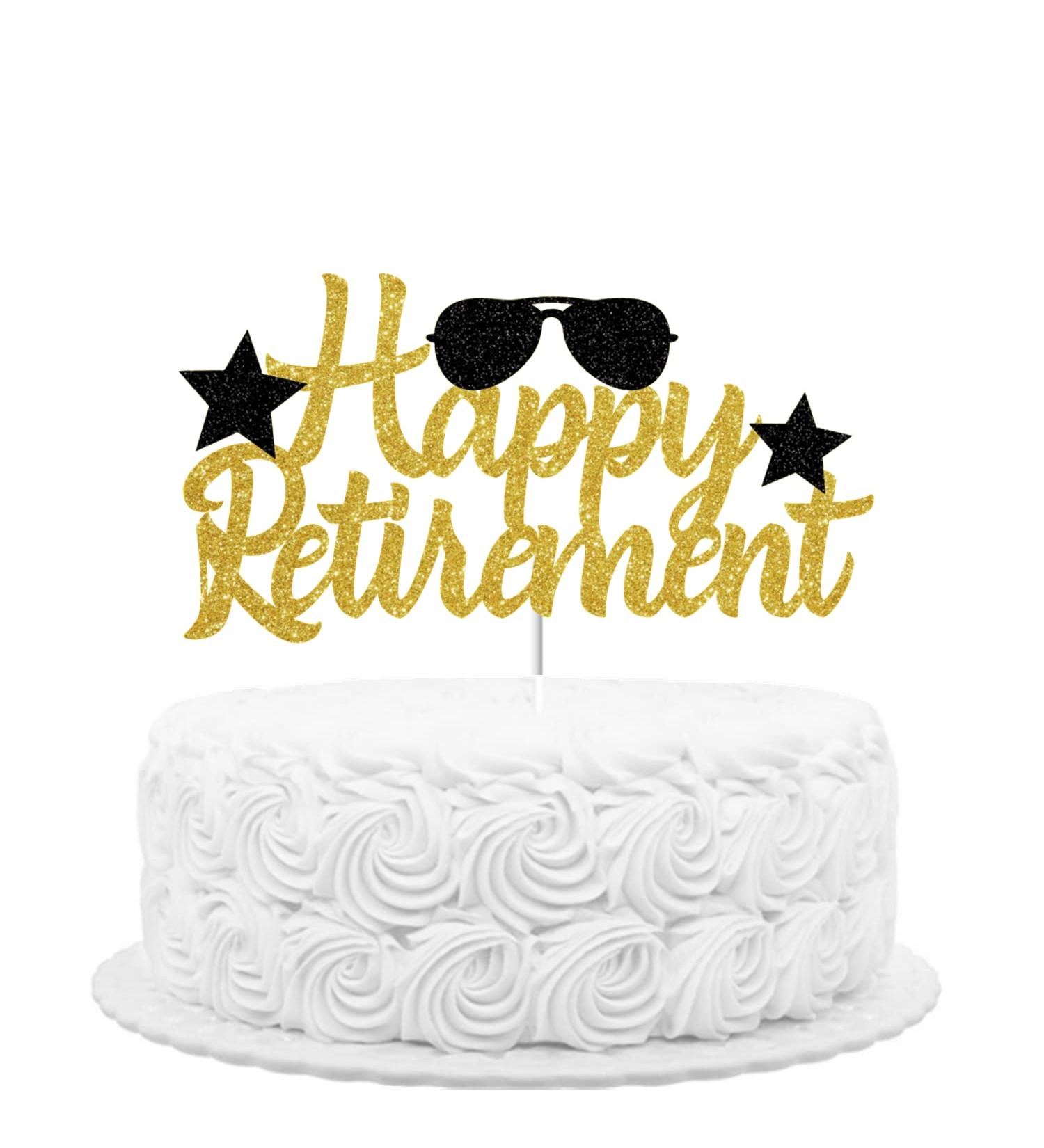 Happy Retirement Cake Topper Black Gold Glitter Cake Decorations for Women Men Retirement Cakes Cupcakes Cake Topper Picks for Retired Cake Decoration Party Supplies