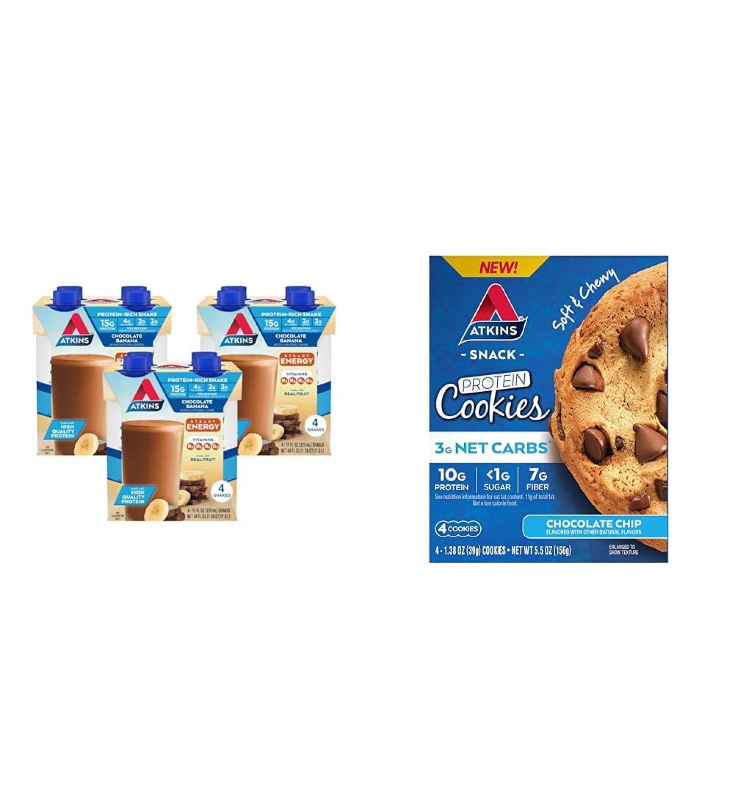Atkins Chocolate Banana Protein Shake 15g Protein 12 Count + Atkins Chocolate Chip Protein Cookie Protein Dessert 4 Count - Buy Online on GoSupps.com