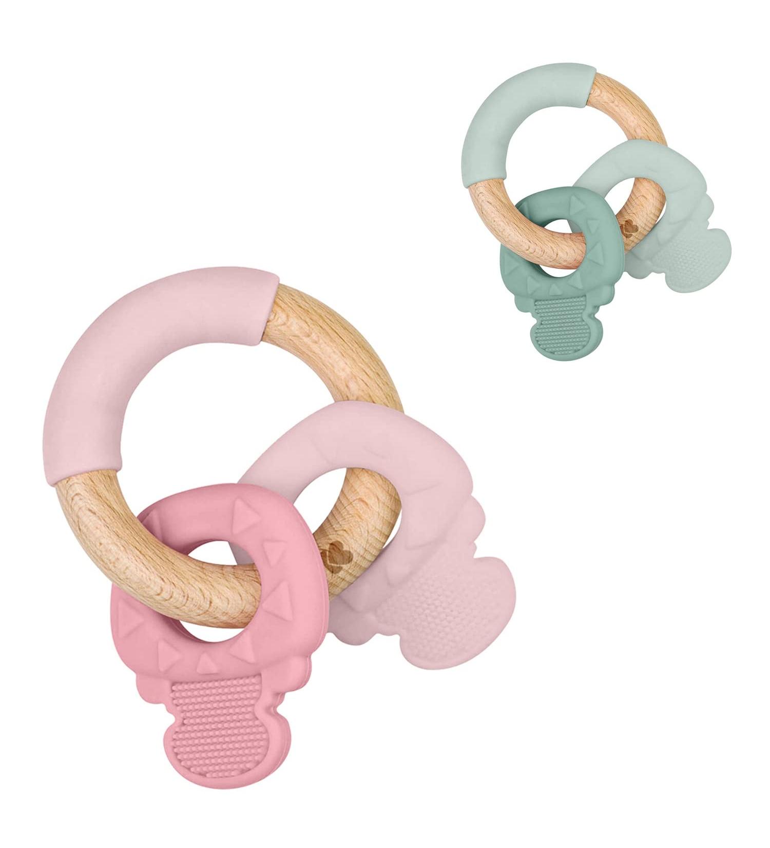 Kikkaboo teething ring keychain silicone beech wood teething aid grasping toy color: pink