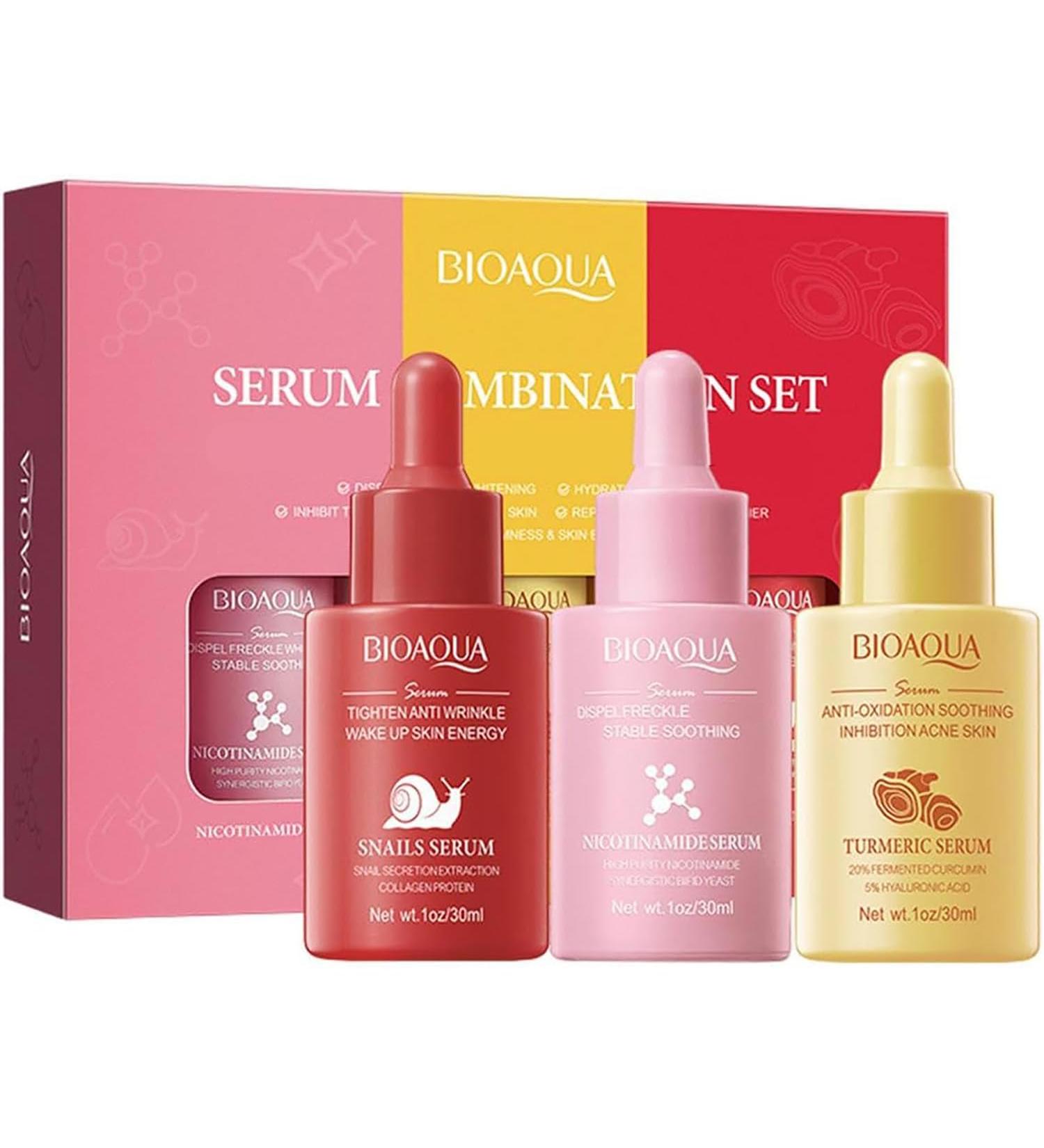 BIOAQUA 3in1 Facial Serum Set - Moisturizing Nicotinamide Turmeric & Snail Secretion for Anti-Oxidation Hydration & Anti-Wrinkle - 3x30ml International Shipping - Buy Online on GoSupps.com