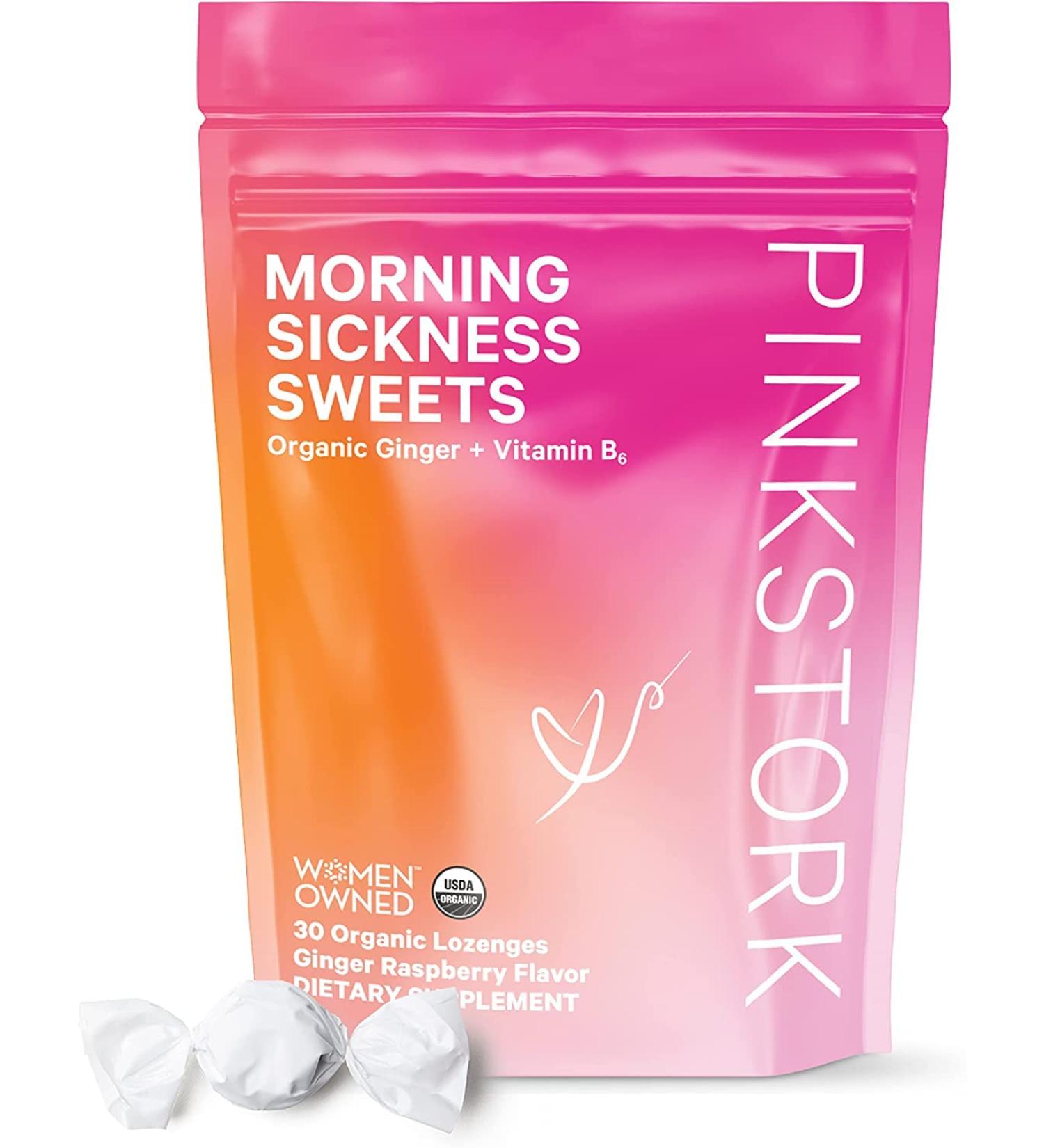Pink Stork Organic Raspberry Ginger Pregnancy Sweets with Vitamin B6 - 30 Lozenges | Morning Sickness Relief & Digestion Support | Pregnancy Must-Have - Buy Online on GoSupps.com