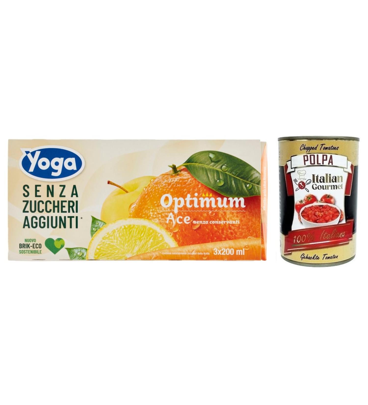  Italian Gourmet E.R. Yoga Succhi di Frutta Optimum Ace Fruity Apple Orange Carrots and Lemons No Added Sugar Refreshing Drink without Alcohol 3 x 200 ml + Italian Gourmet Polpa di Pomodoro Box of 400 - Buy Online on GoSupps.com