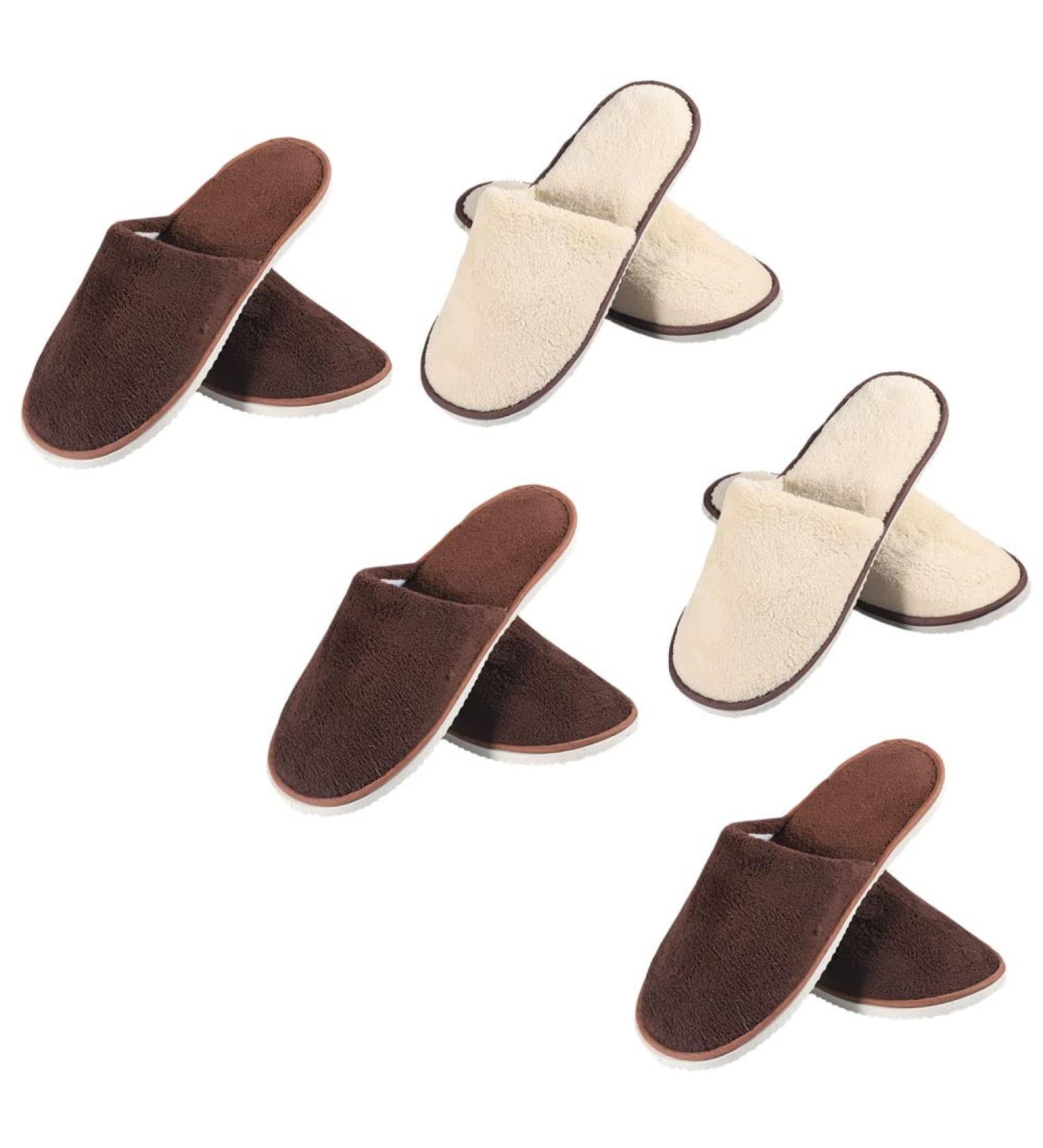 Tianmao 5 Pairs of Hotel Slippers - Thick Coral Fleece Closed Toe Spa & Travel Slippers for Guests | Universal Size 28.5x11cm | Brown & Beige Options - Buy Online on GoSupps.com