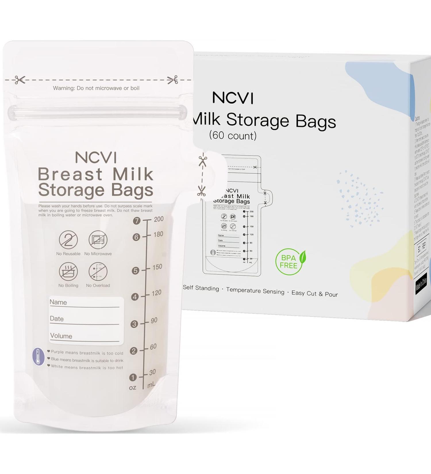 NCVI Breast Milk Storage Bags - 60 Pack 200ml BPA-Free Double Sealed with Temperature Recognition - Ideal for Breastfeeding - Buy Online on GoSupps.com