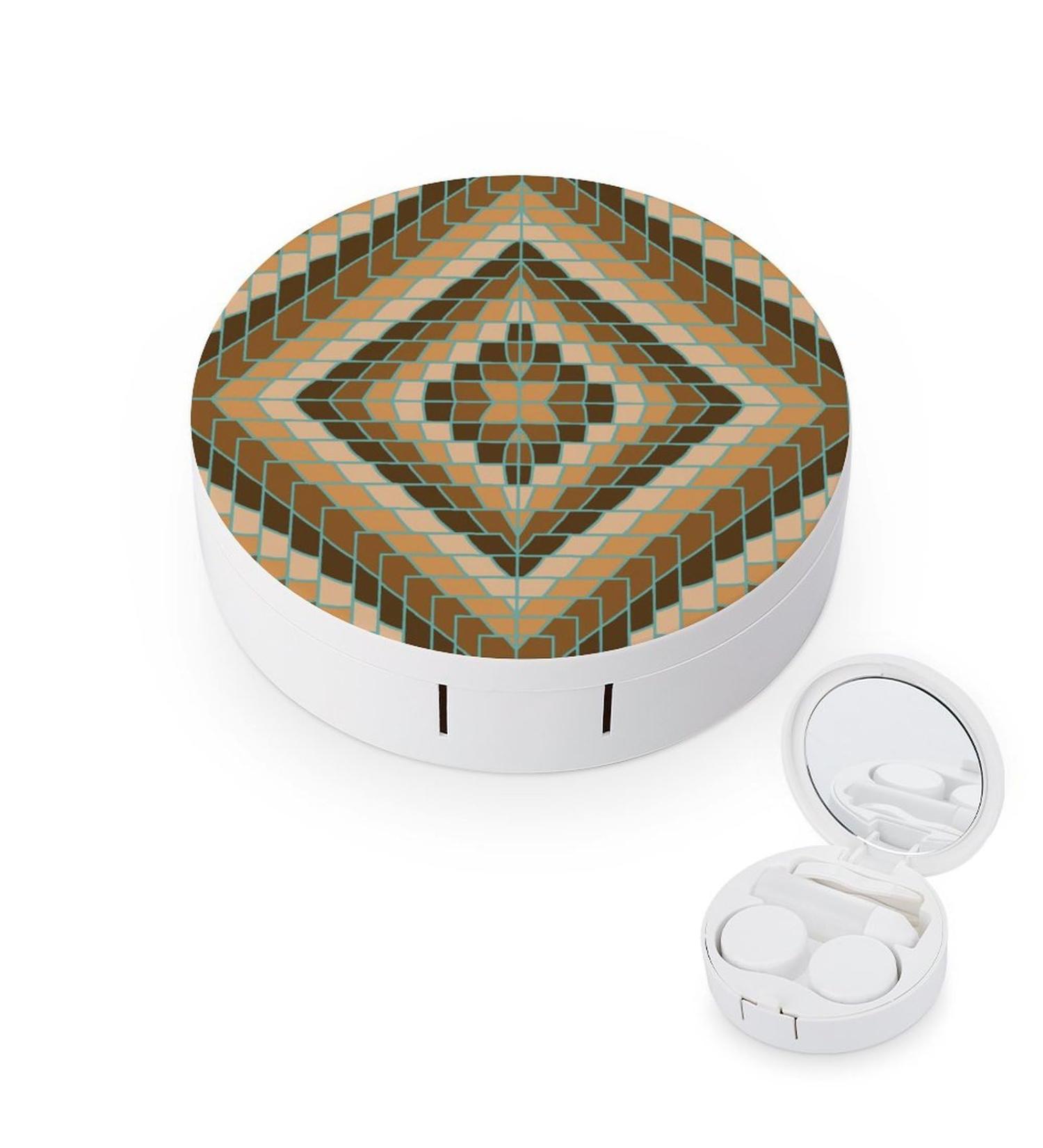 Stylish Brown Geometrical Round Contact Lens Case with Mirror - Portable & Cute Storage Kit - Buy Online on GoSupps.com