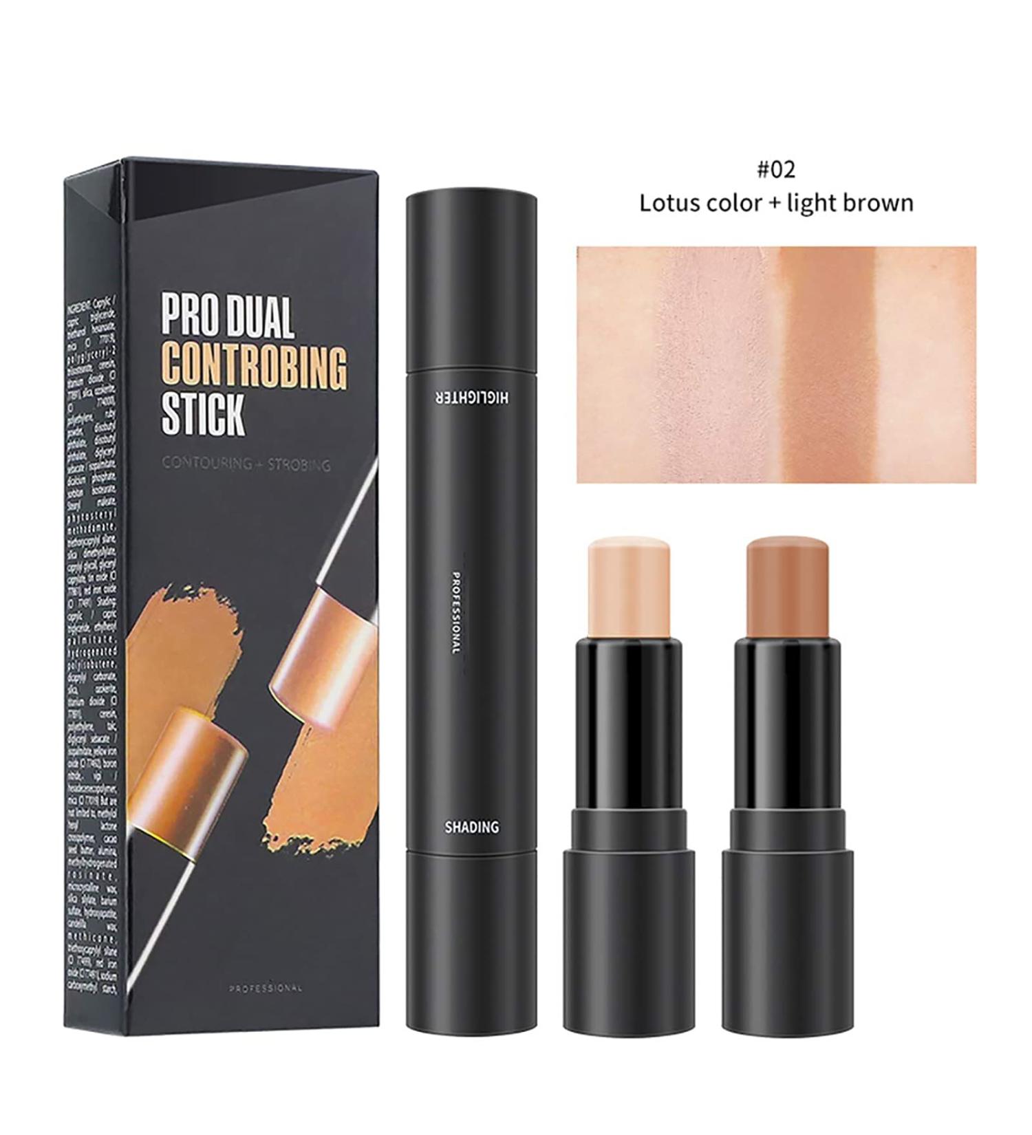 Double-Head 2-in-1 Highlighter & Contour Stick Set - Lotus & Light Brown | Long Lasting Contouring Cream | Cosmetics Makeup Set - Buy Online on GoSupps.com