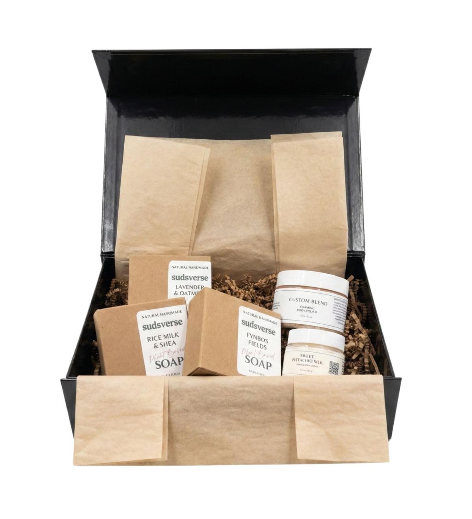 Sudsverse Golden Rituals Premium Spa Gift Set | 3 Handmade Soaps Custom Foaming Body Polish Hand & Body Cream | Made in USA | Fully Customizable Natural Bath & Body Care Package for Women