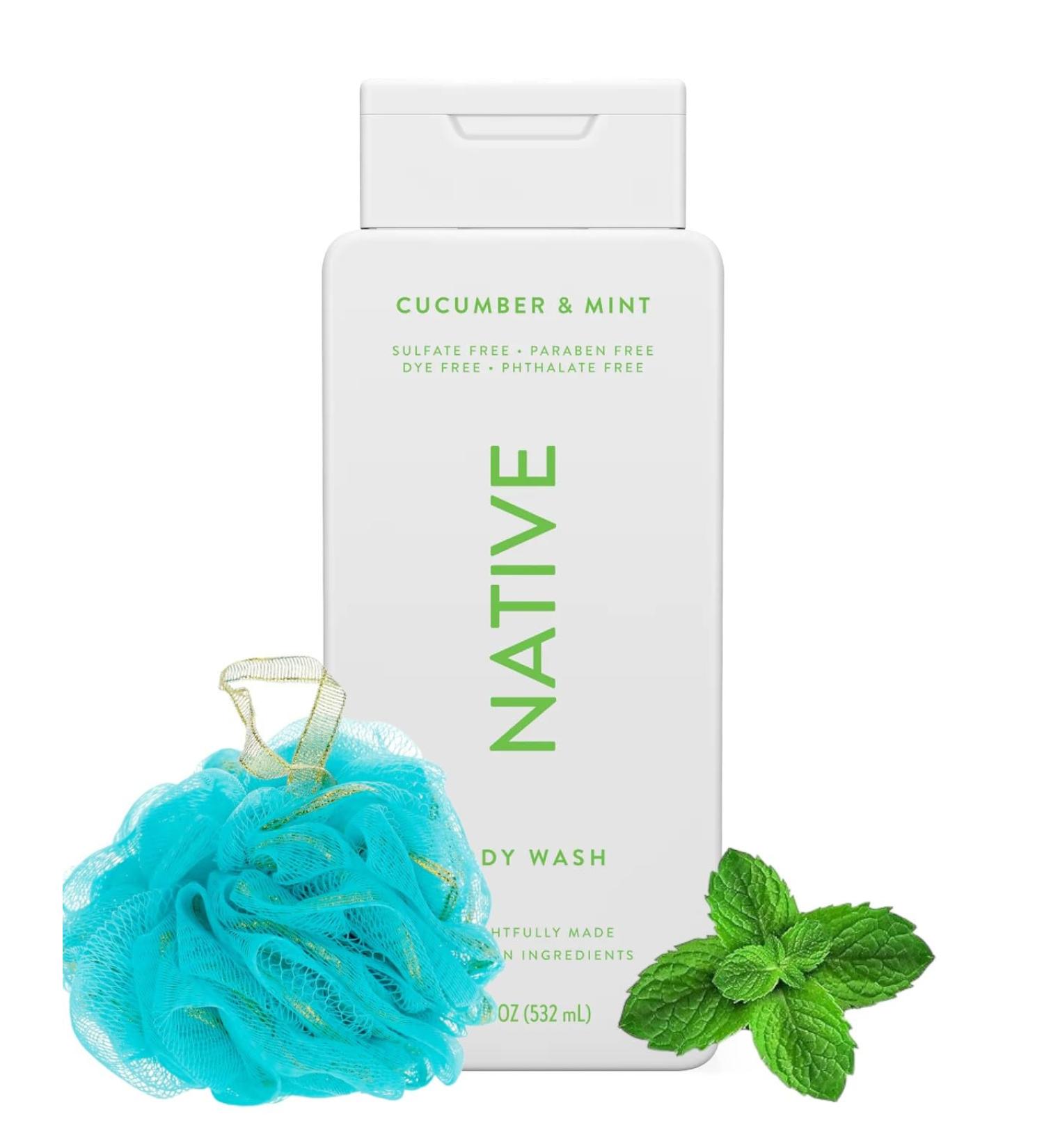 Buy Native Body Wash Cucumber & Mint - Sulfate Free Paraben Free | 16 oz with Bath Loofah Sponge | Gentle Clean Ingredients for Men & Women - Buy Online on GoSupps.com