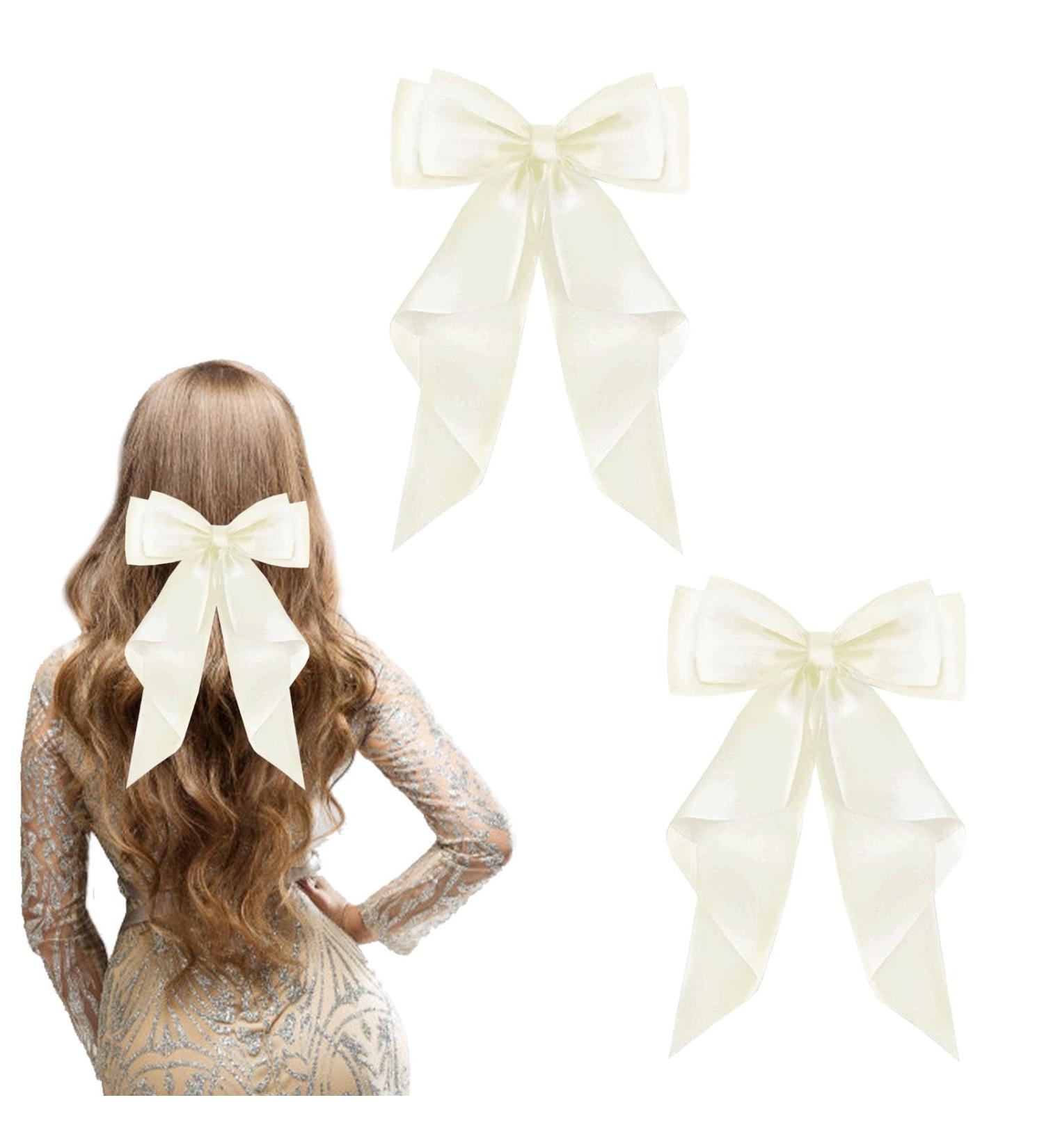FEXPDL White Bow Hair Clip 2 Pcs Hair Bows for Women Bow Clips with Long Silky Satin Hair Slides Solid Color Bowknot Hairpin Hair Barrettes Scrunchies Accessories(White) - Buy Online on GoSupps.com