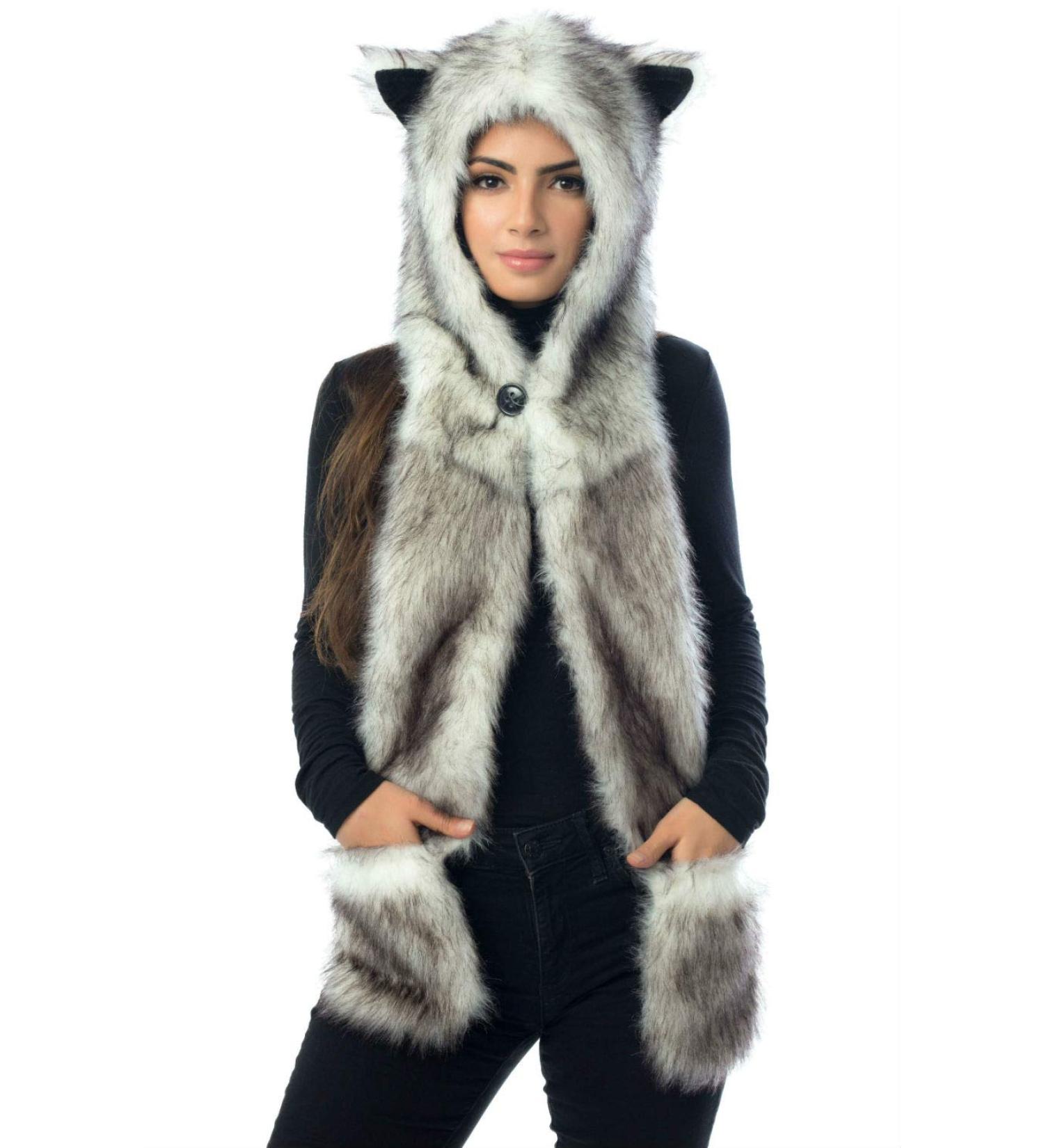 White Wolf Hood 3-in-1 Faux Fur Hat with Scarfs, Mittens & Paws - Hatbutik - Buy Online on GoSupps.com