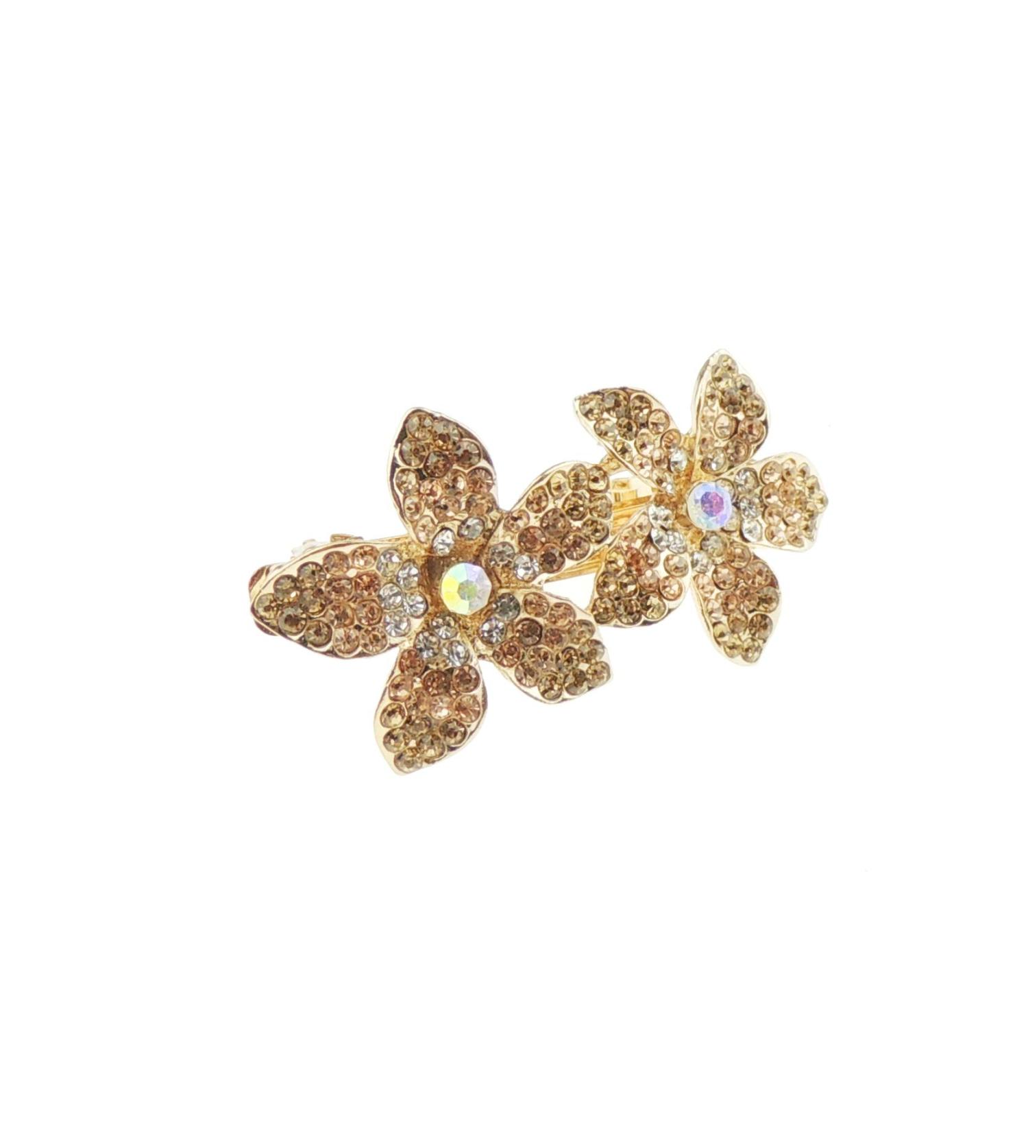 Ladies Gold Tone Metal Crystal Hair Barrette Double Flower (Gold)