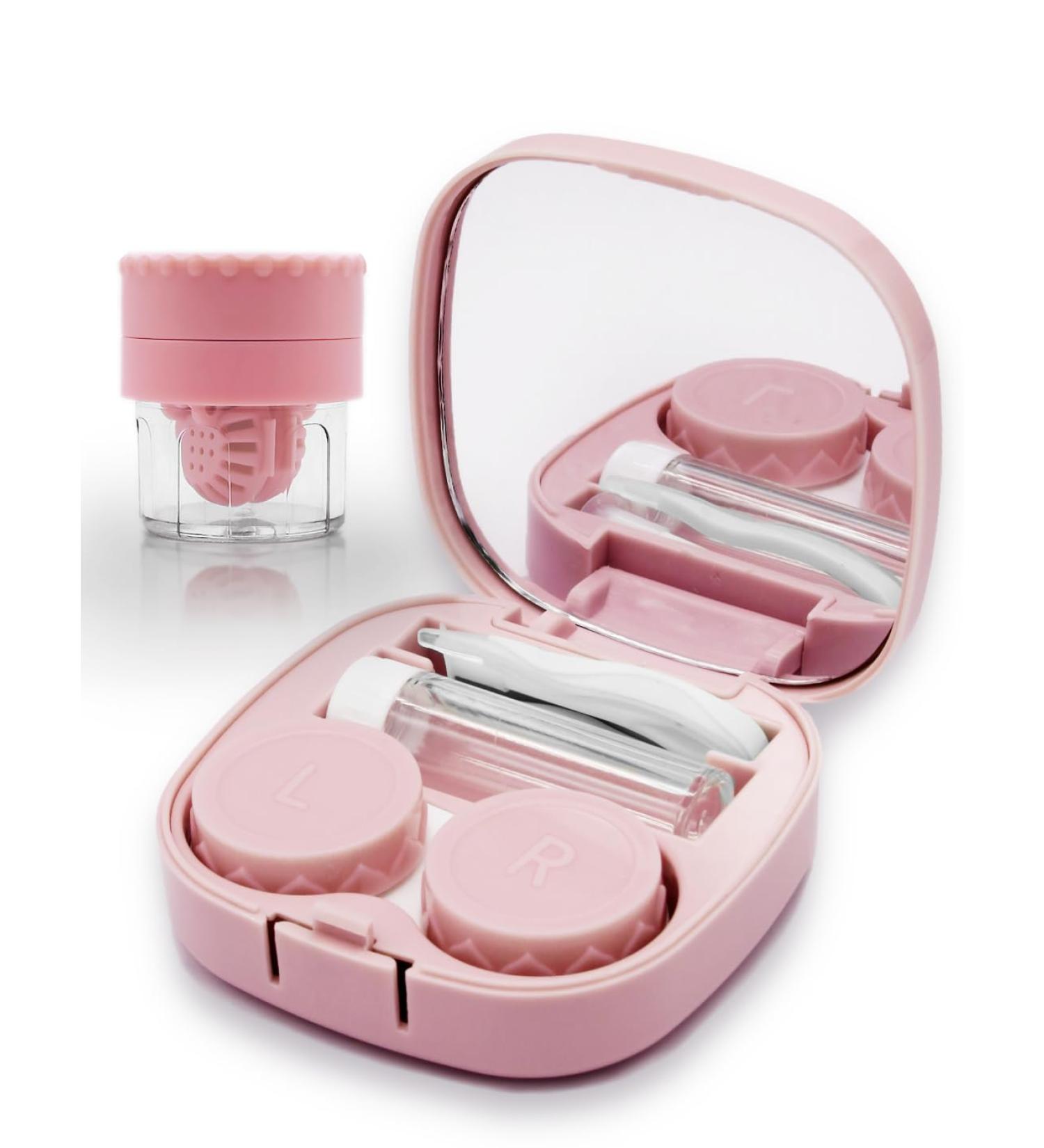 Contact Lens Case with Cleaner Washer - Cute Travel Size Applicator Kit Mirror & Solution Bottle - Pink Sugar Pink - Perfect for Daily Use & Outdoor Trips - Buy Online on GoSupps.com