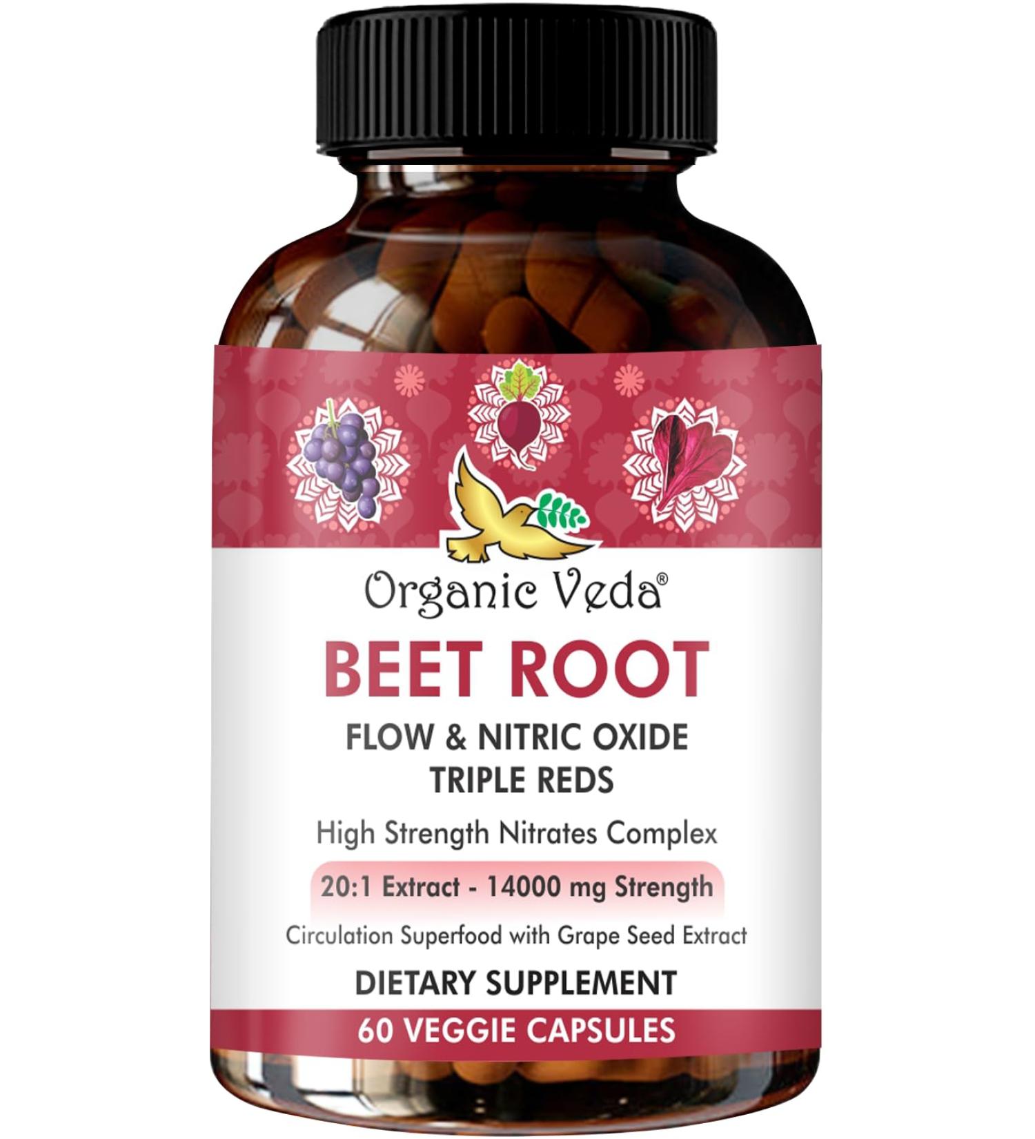 Buy Organic Veda Beet Root Triple Reds - 14000mg Nitric Oxide Supplement with Beetroot Pomegranate & Red Spinach | 60 Capsules for Enhanced Blood Flow & Energy - Buy Online on GoSupps.com