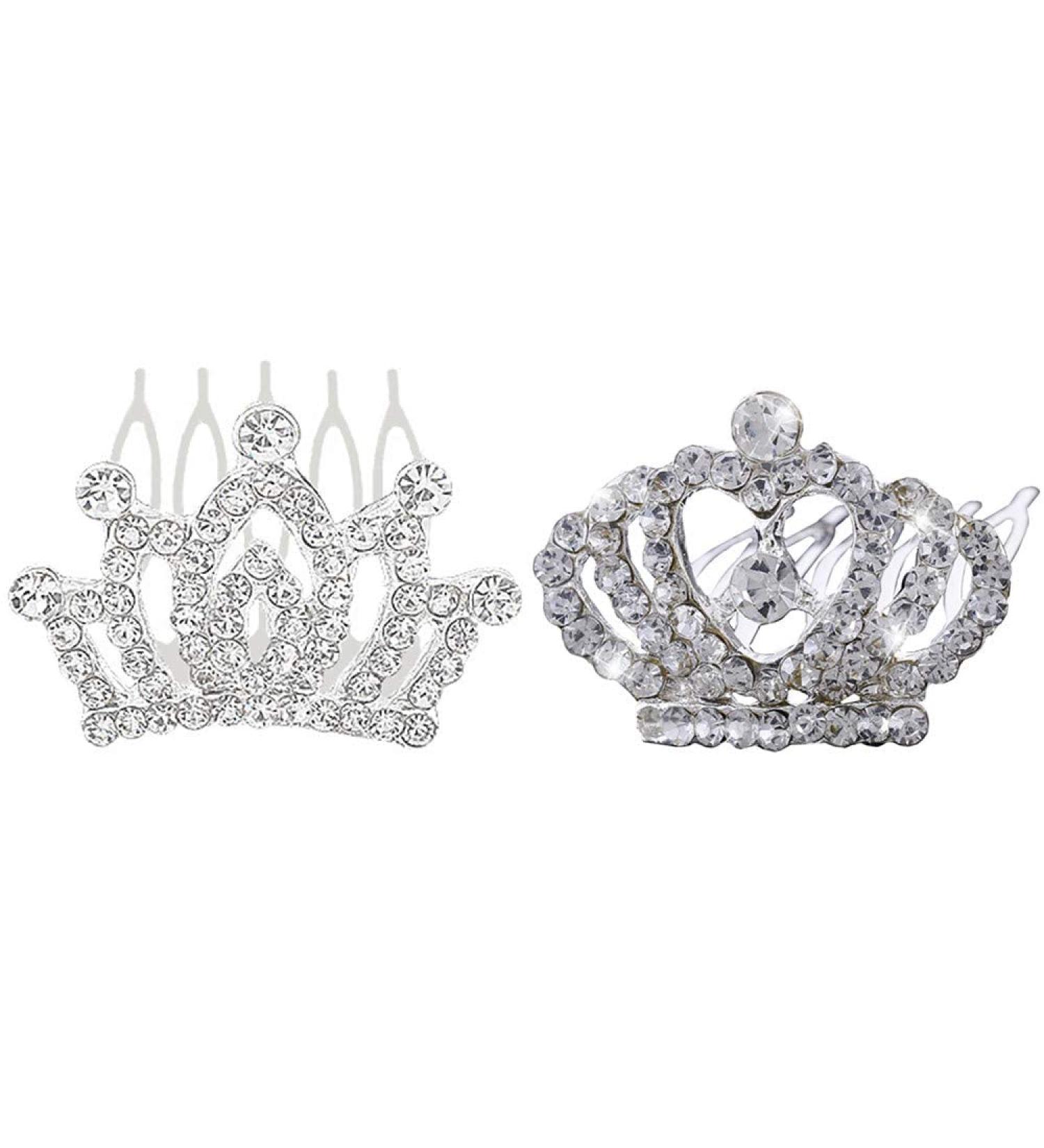 Kids Princess Crown Rhinestone Tiara Hair Comb Set - Sparkling Crystal Hair Clips for Girls, Teens, Toddlers - 2 Pcs Mini Decorations - Buy Online on GoSupps.com