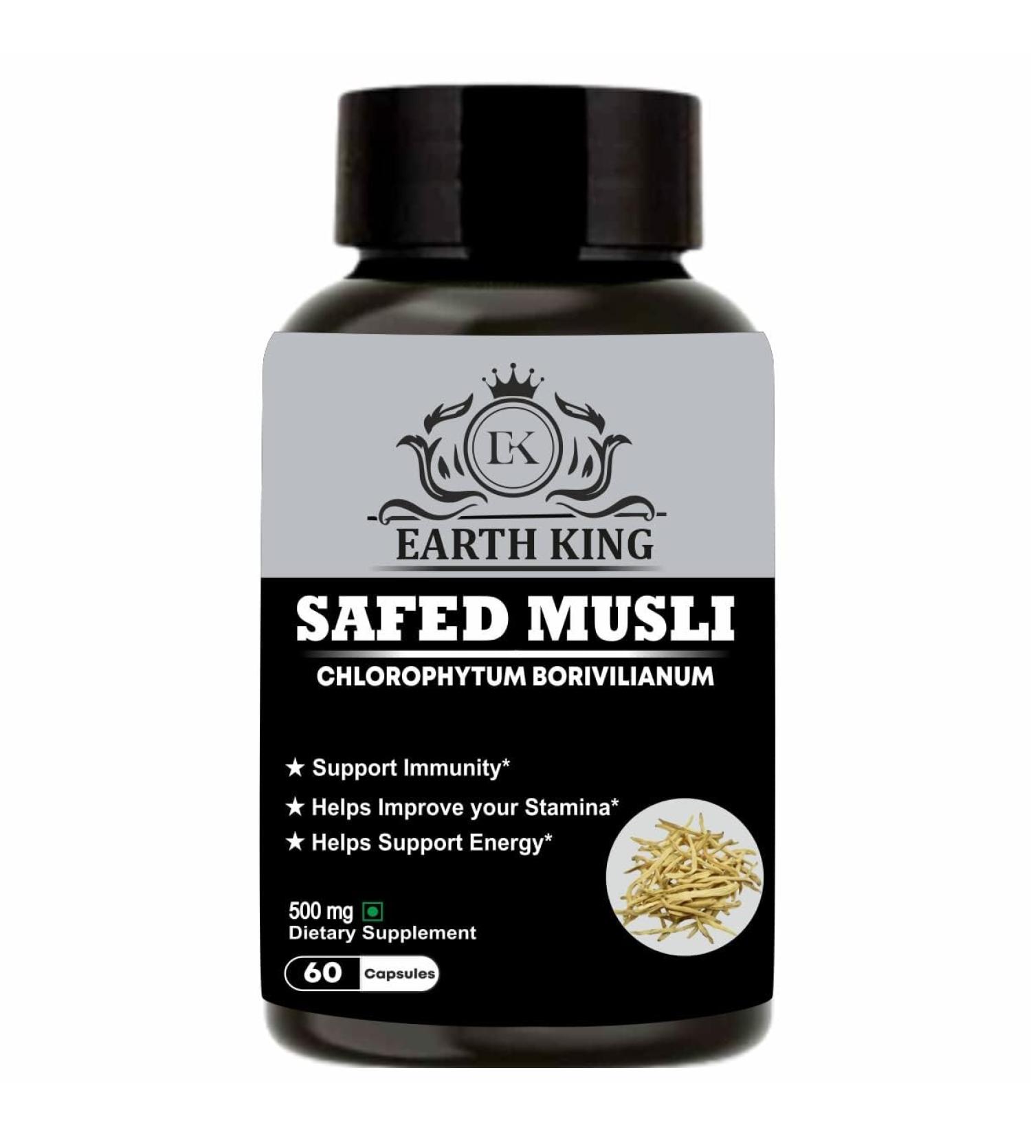 Earth King Safed Musli Extract Capsules - Boost Strength & Stamina | 500mg | 60 Vegan Capsules | International Shipping - Buy Online on GoSupps.com